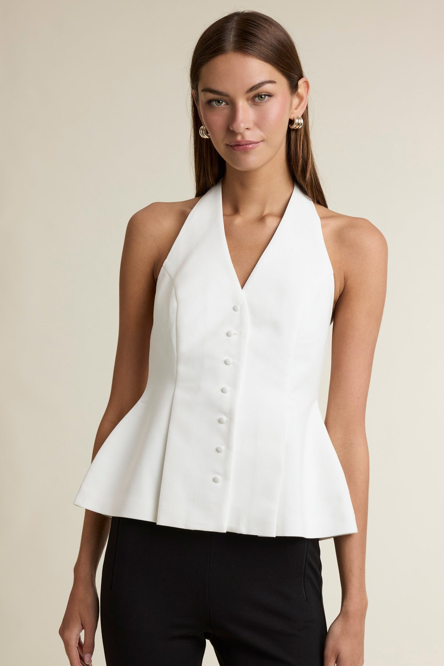 Halter Deep V Neckline Button Front Open Back Peplum Top