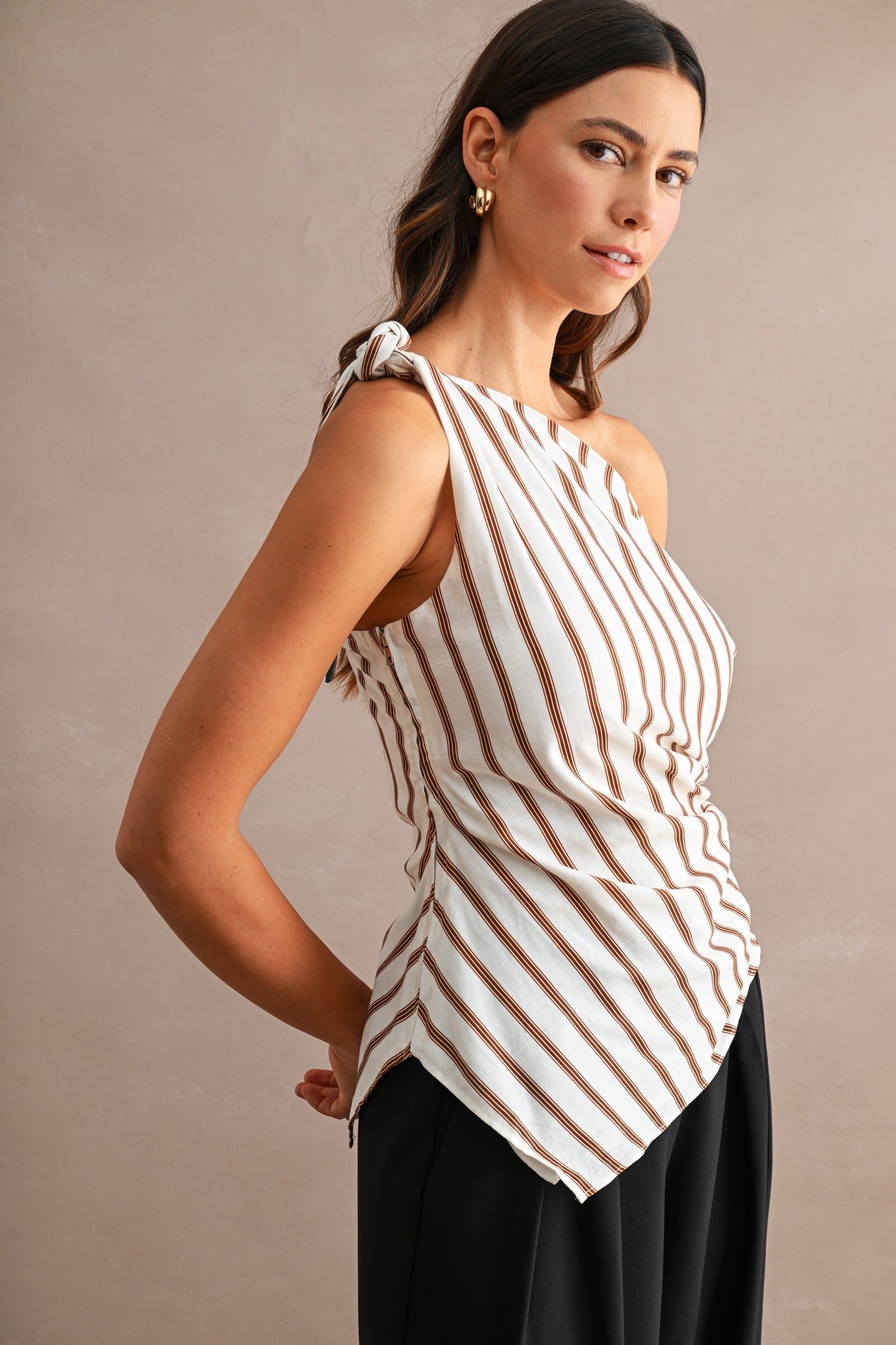 Striped One Shoulder Asymmetrical Neckline Ruched Bodice Top