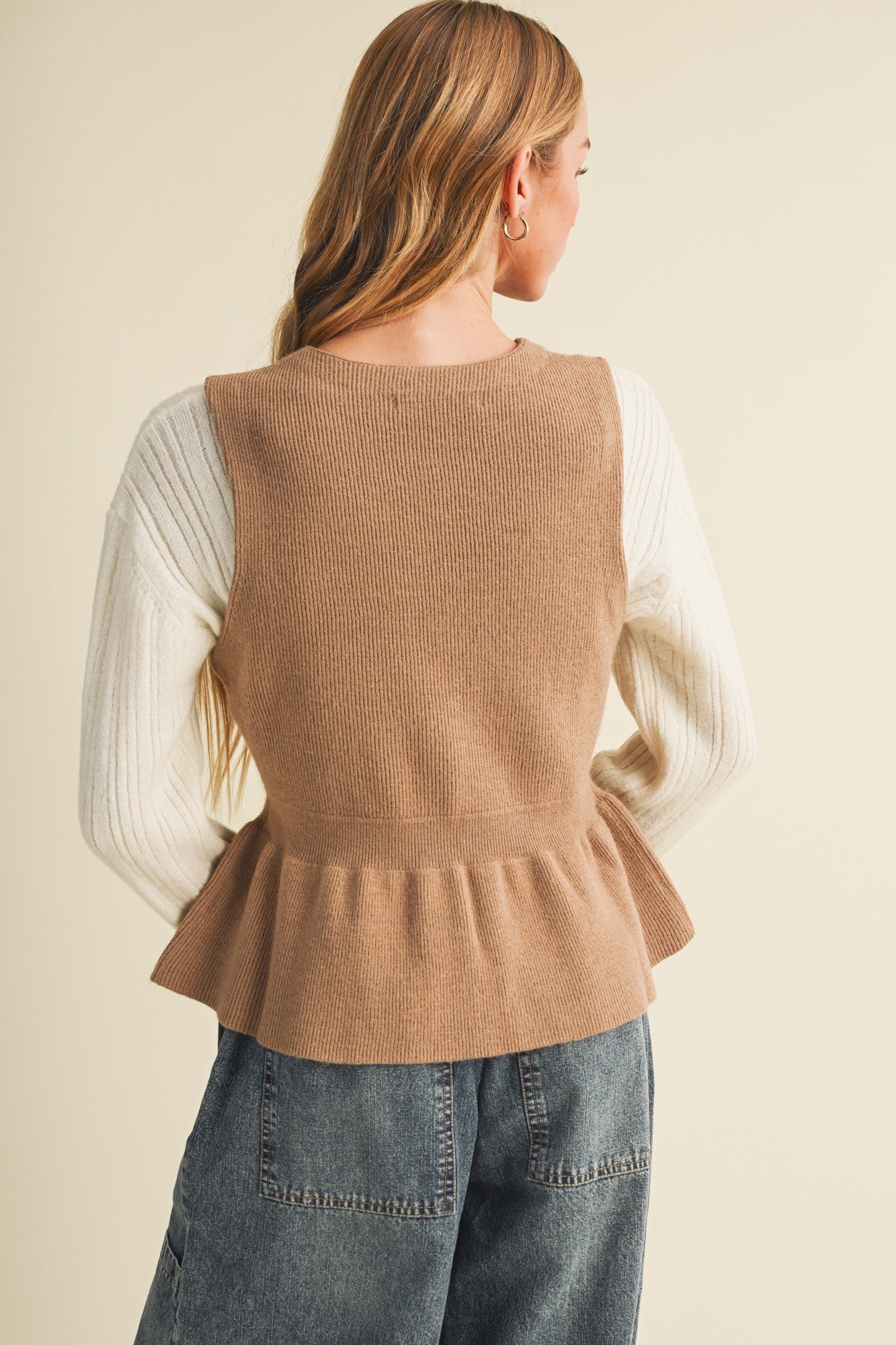 Rib Knit Peplum Button-front Vest