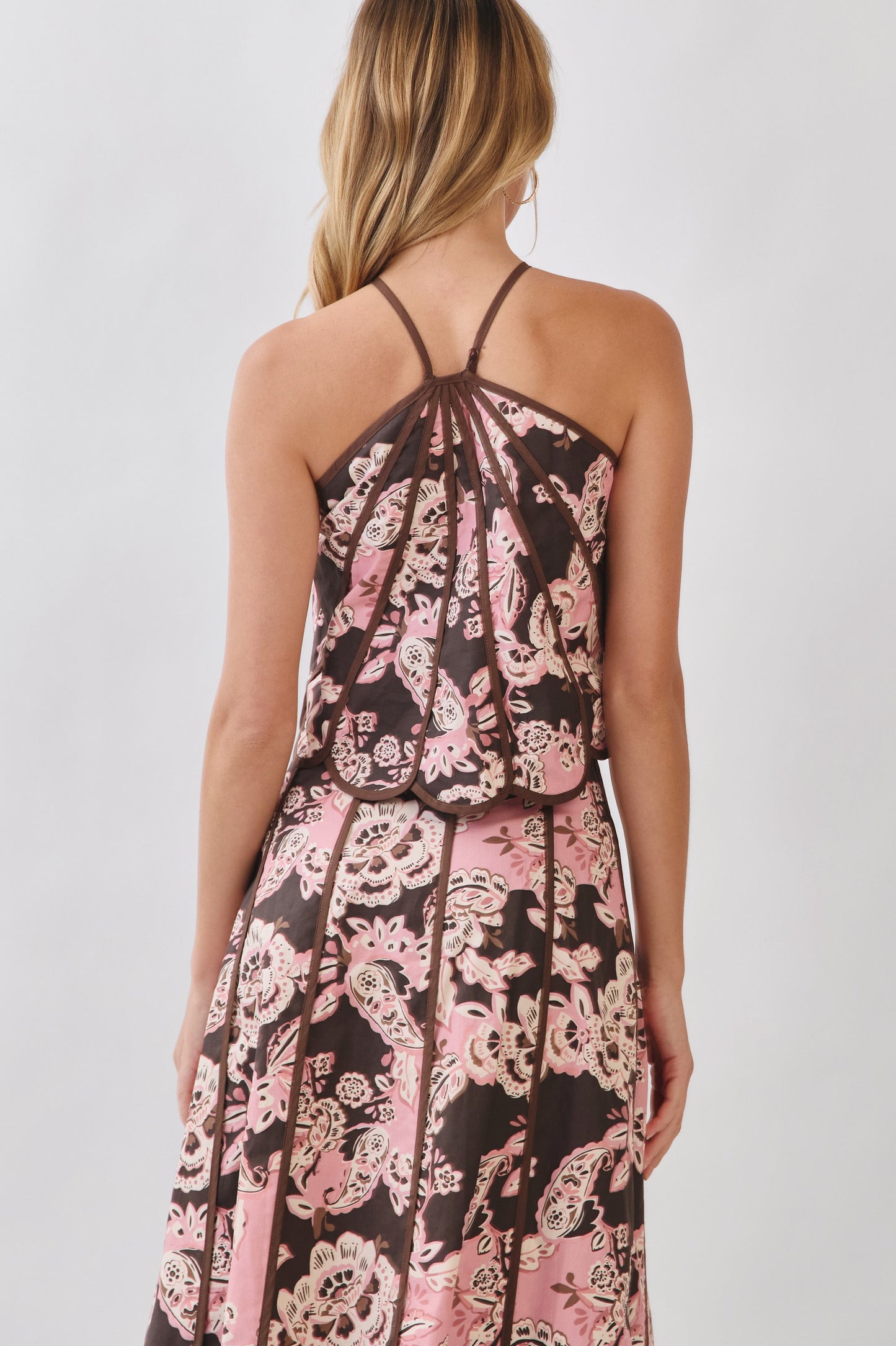 Floral Print Paneled Detail Halter Crop Top