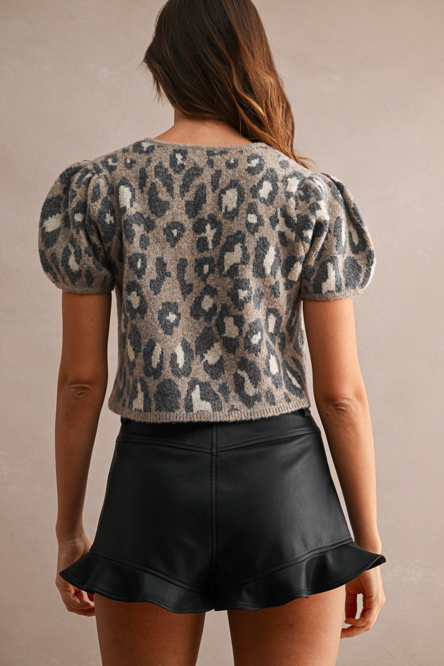 Leopard Short Puff Sleeve Button Down Knit Top