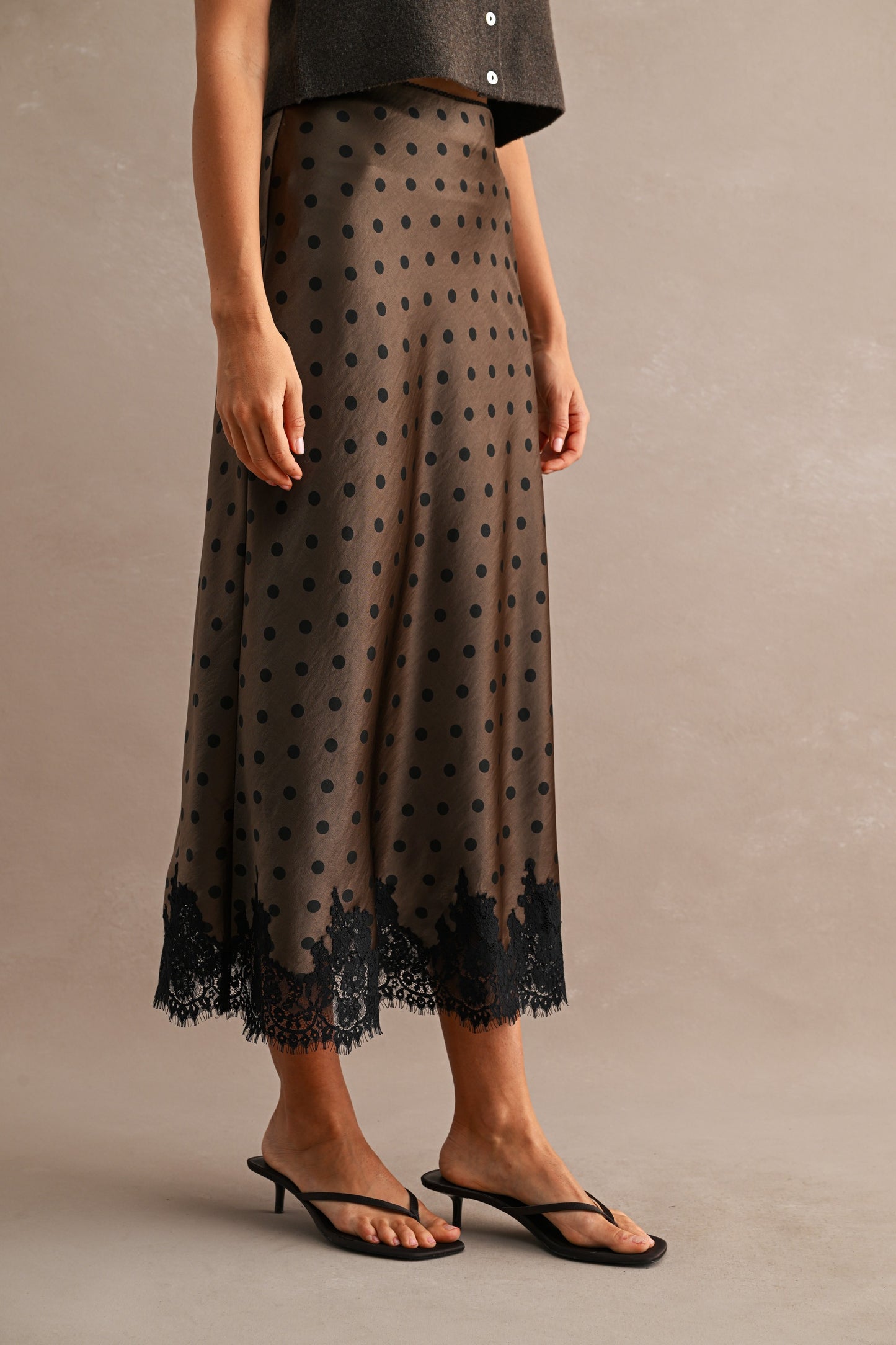 Satin Polka Dot Print Lace Trim Hem Midi Skirt