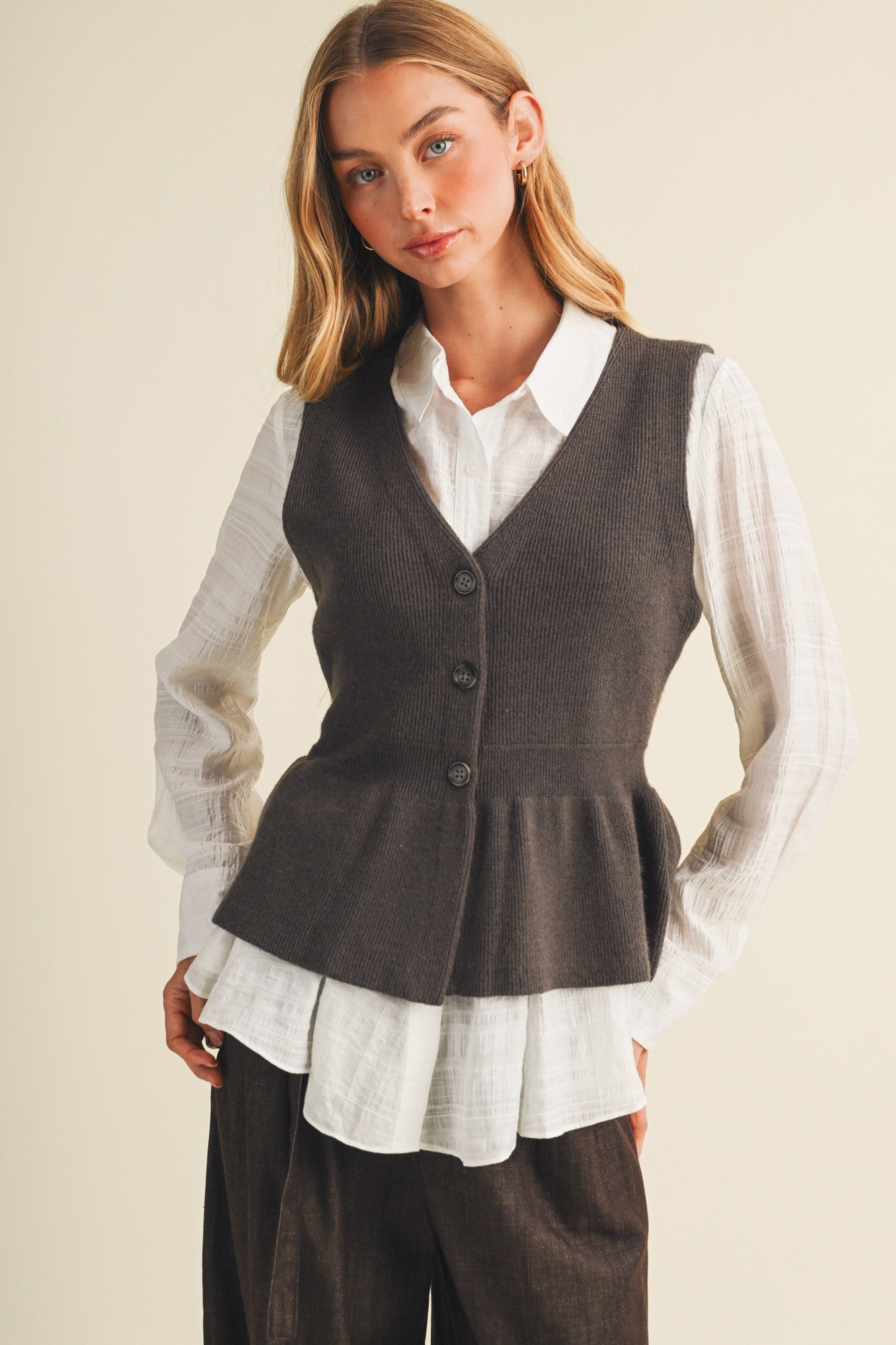 Rib Knit Peplum Button-front Vest