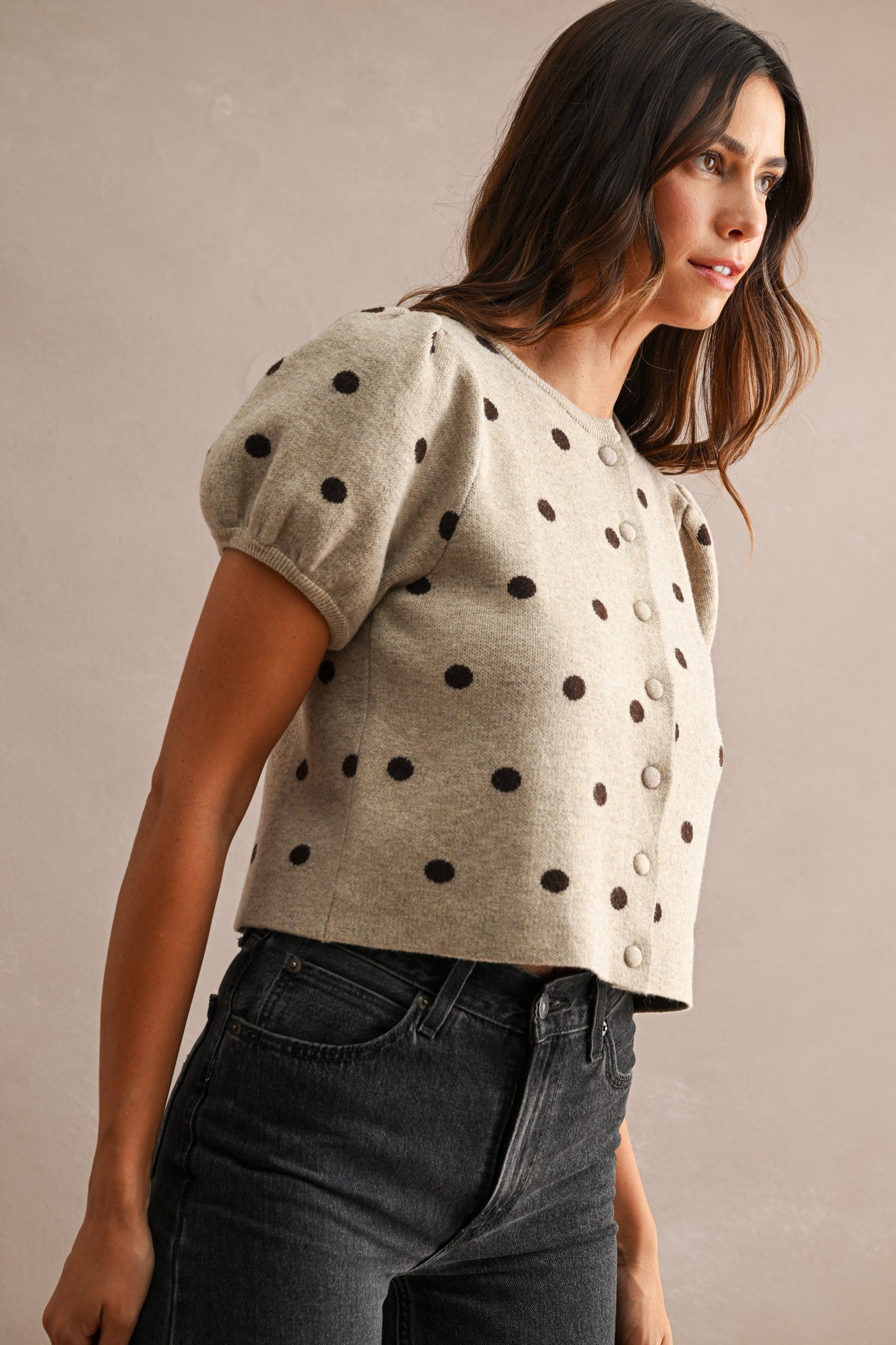 Polka Dot Short Puff Sleeve Button Down Knit Top