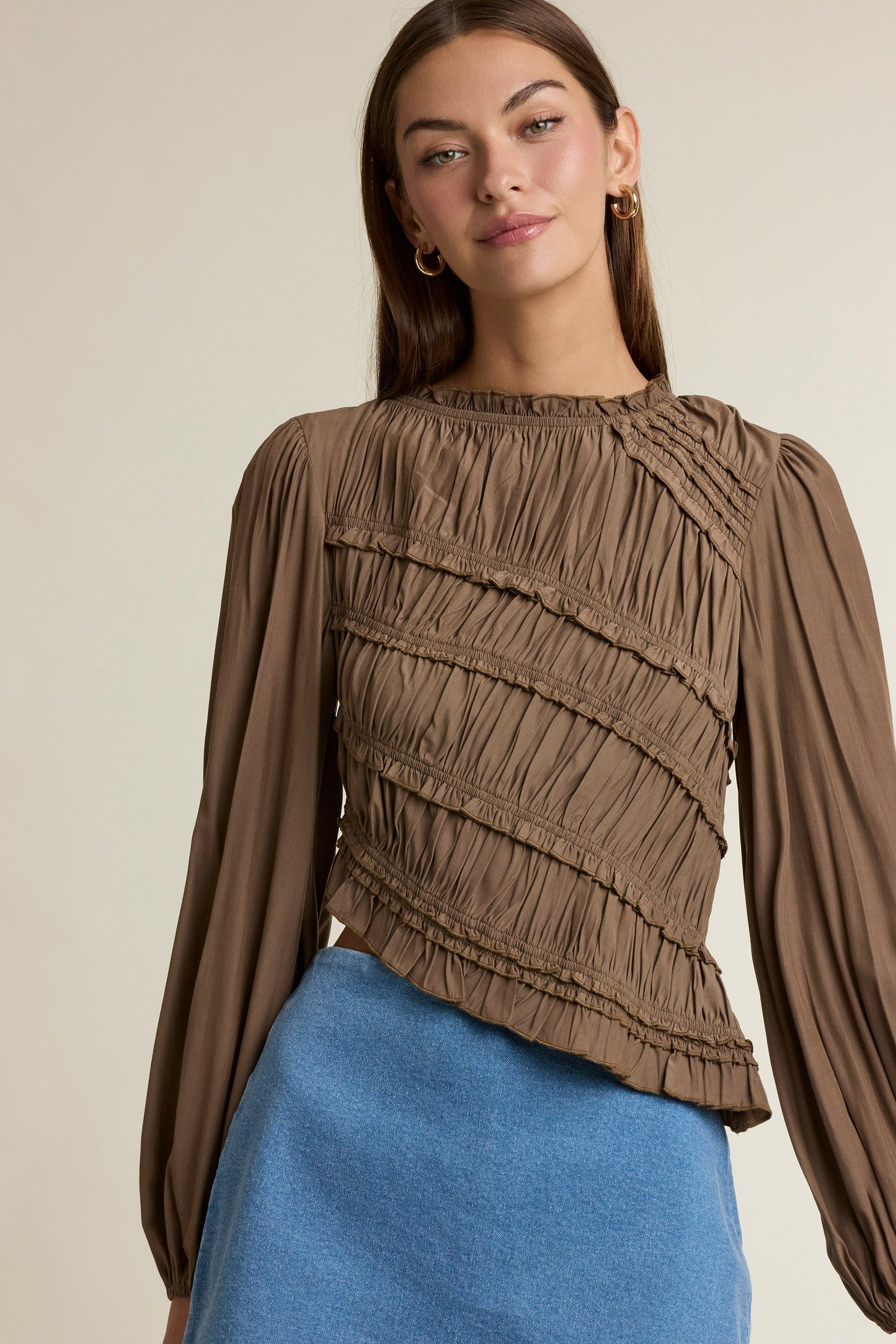 Ruched Long Sleeve Round Ruffle Neck Asymmetrical Hem Top