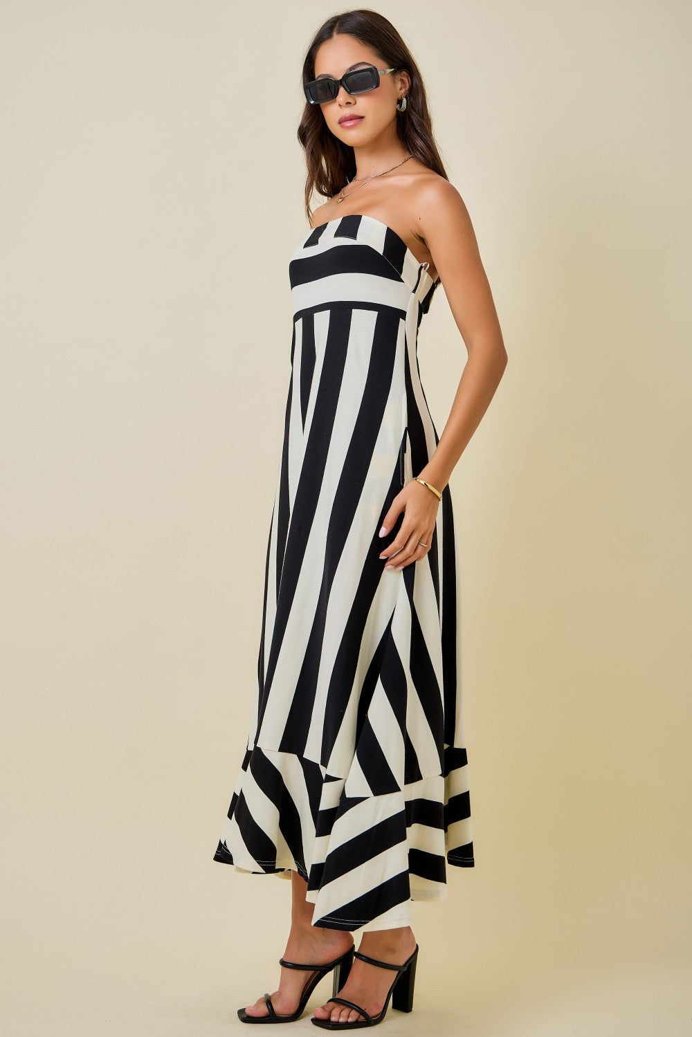 Strapless Mixed Stripe Maxi Dress With Flared Ruffle Hem