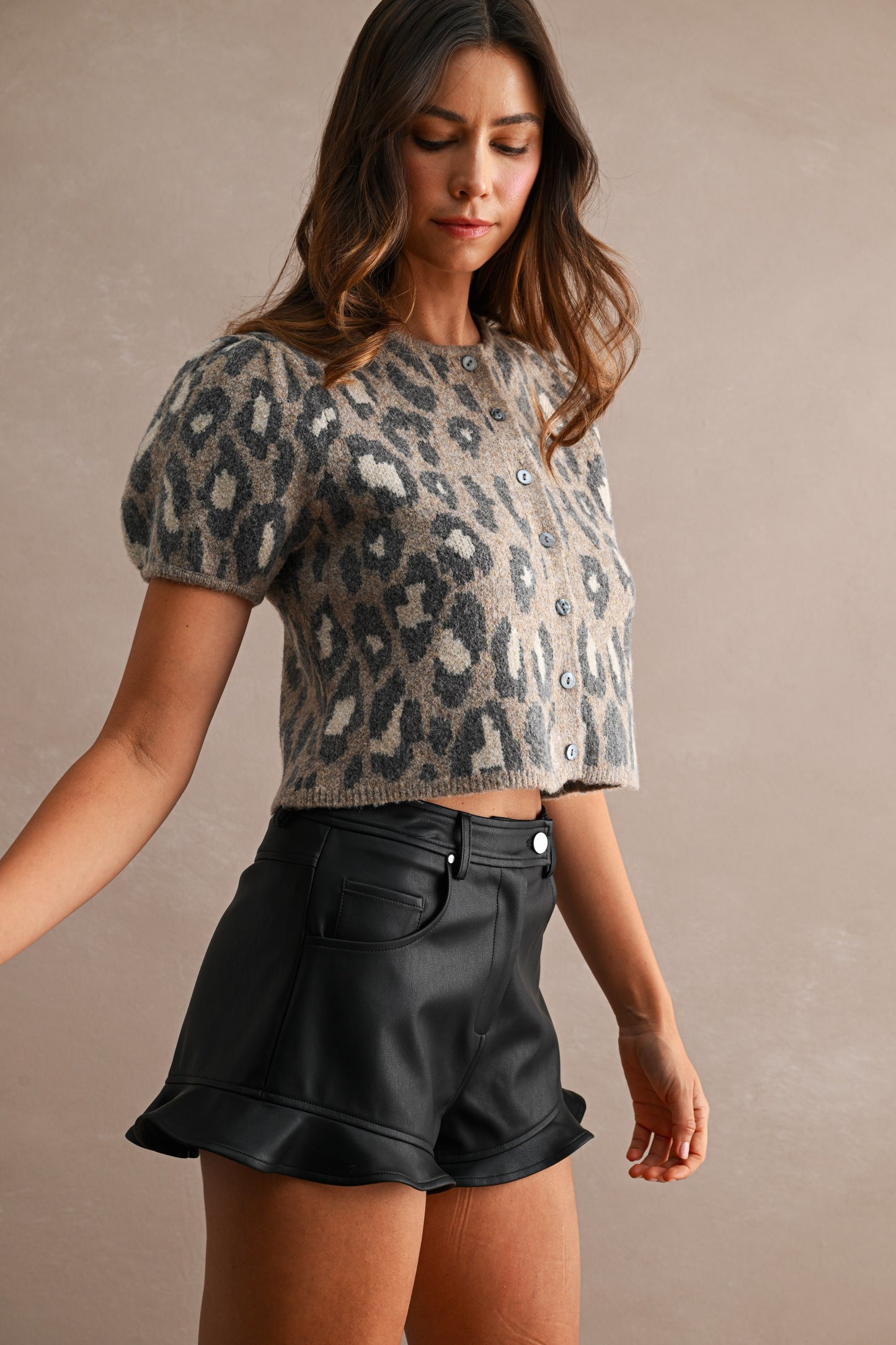 Leopard Short Puff Sleeve Button Down Knit Top