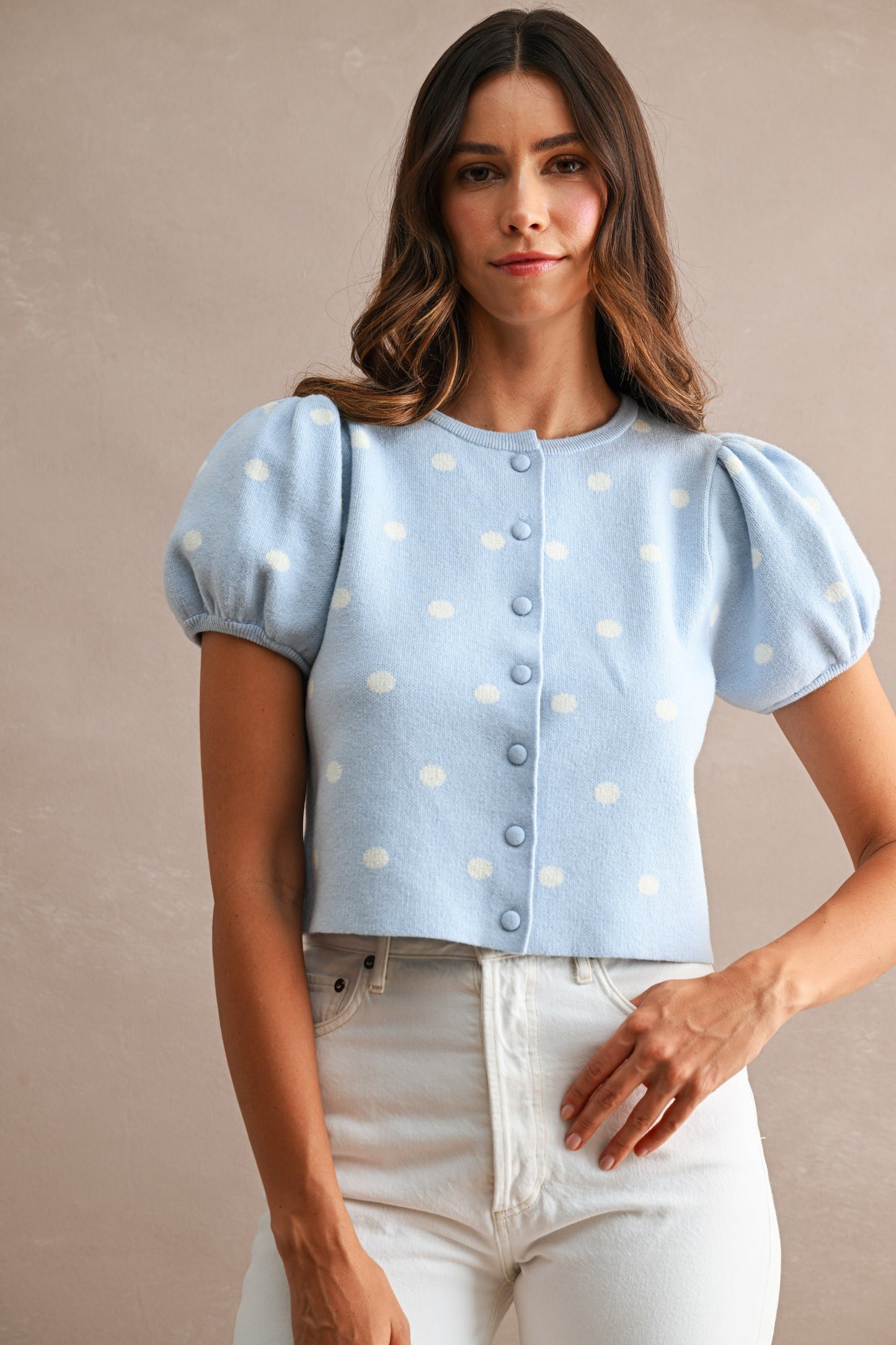 Polka Dot Short Puff Sleeve Button Down Knit Top