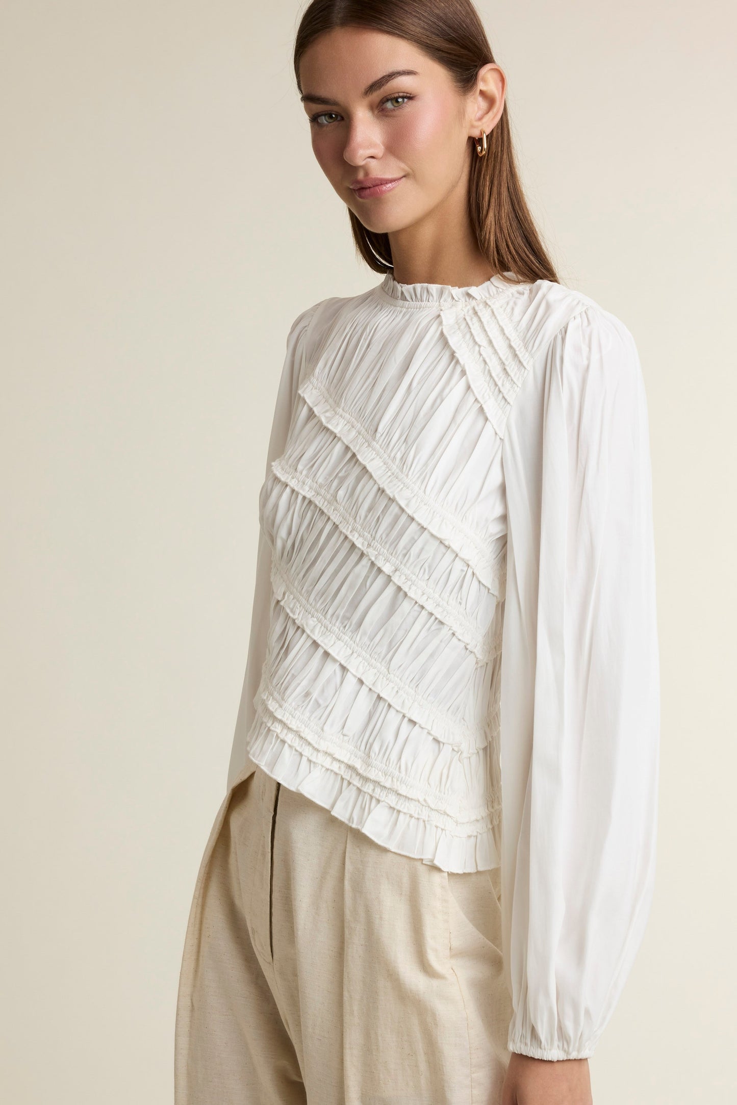 Ruched Long Sleeve Round Ruffle Neck Asymmetrical Hem Top