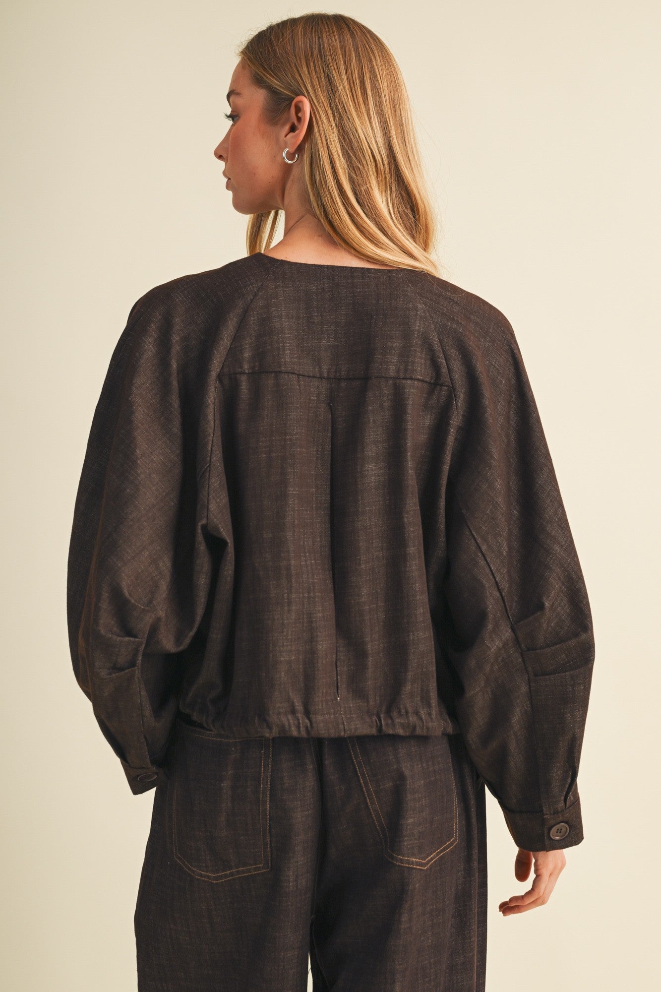 Collarless Volume Sleeve Denim Jacket