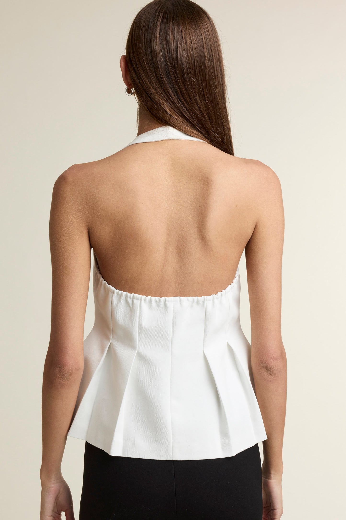 Halter Deep V Neckline Button Front Open Back Peplum Top