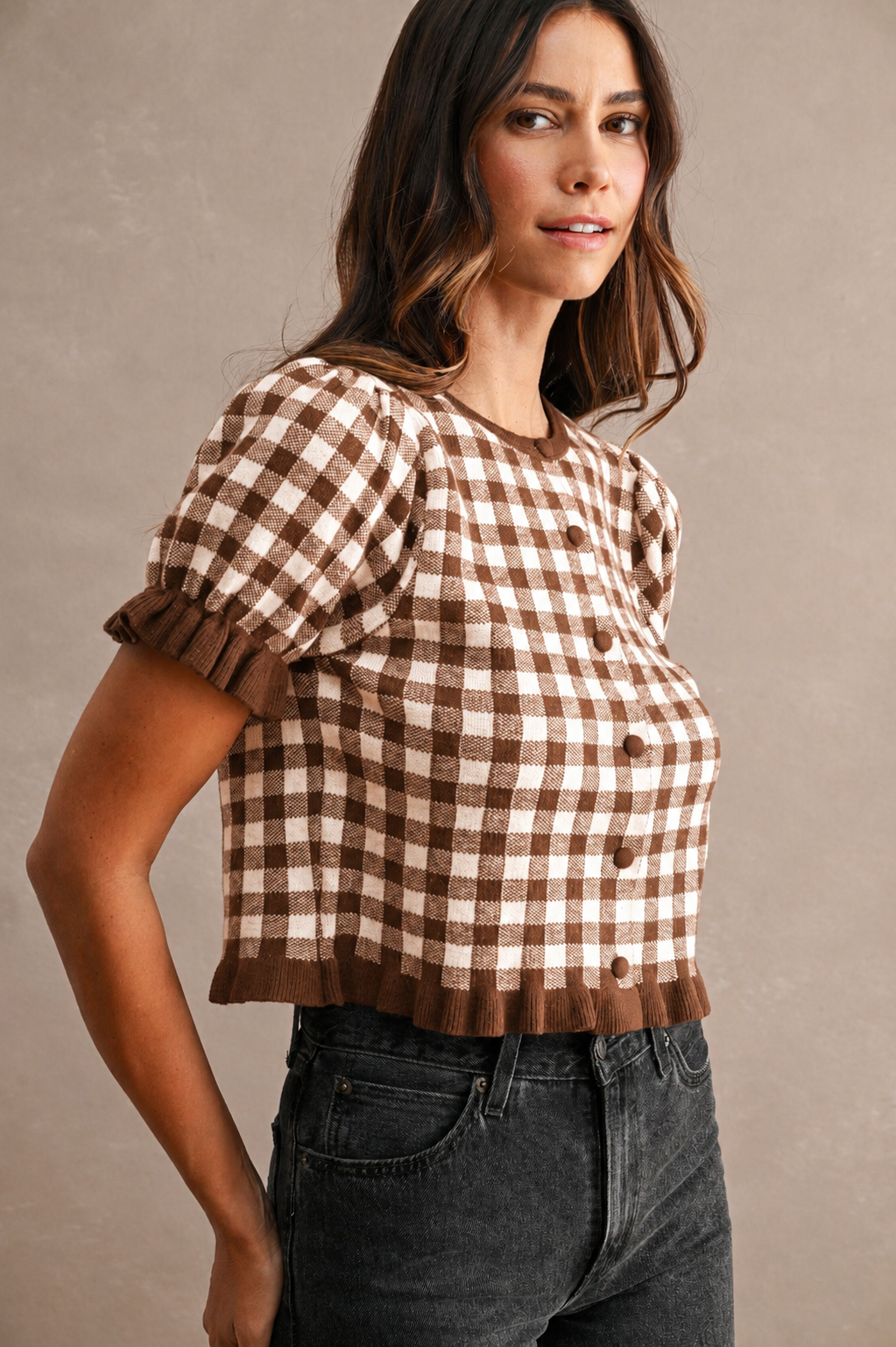 Gingham Plaid Puff Short Sleeve Button Down Knit Top