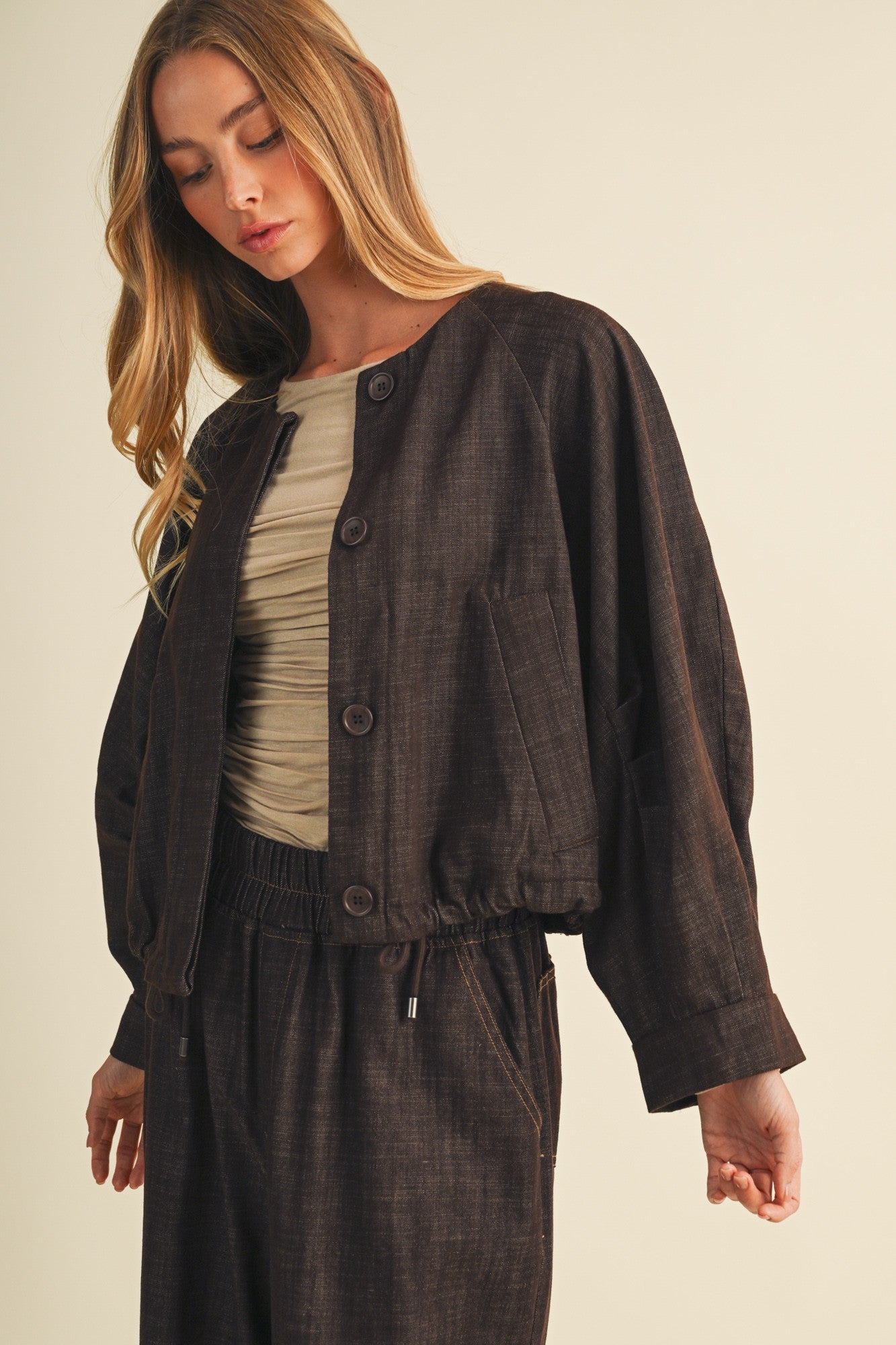 Collarless Volume Sleeve Denim Jacket