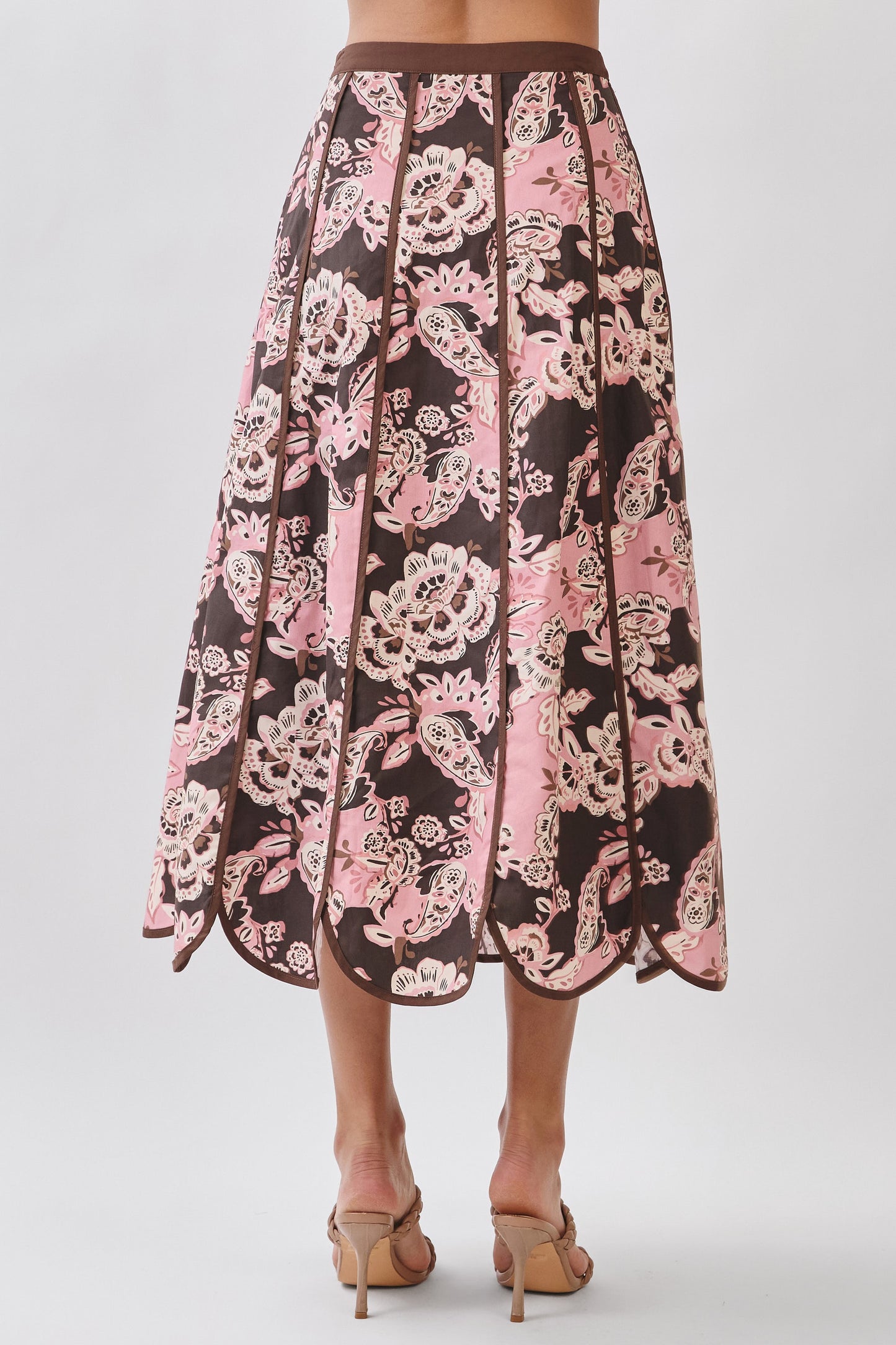 Floral Print Saclloped Hem Paneled Midi Skirt