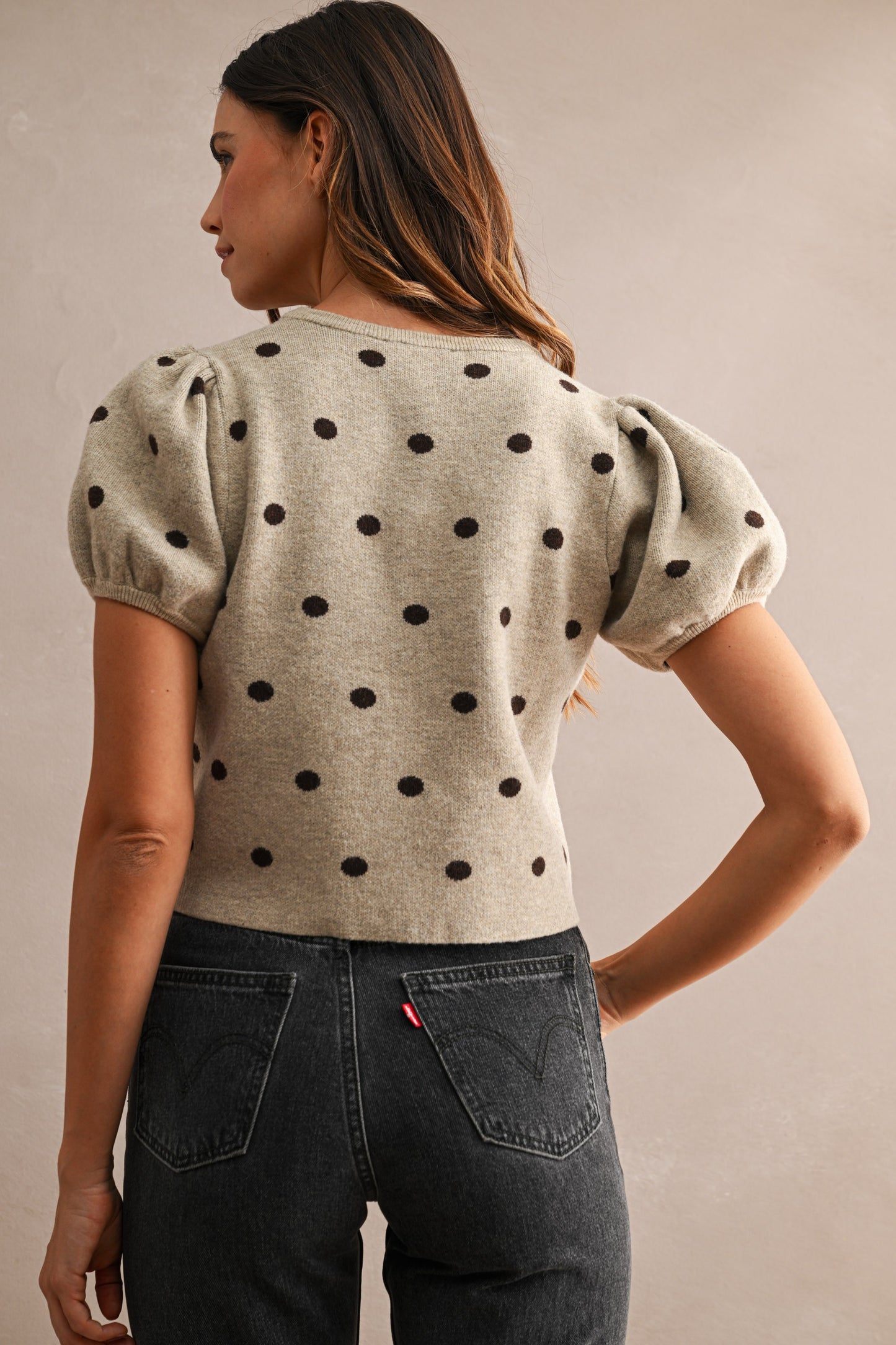 Polka Dot Short Puff Sleeve Button Down Knit Top