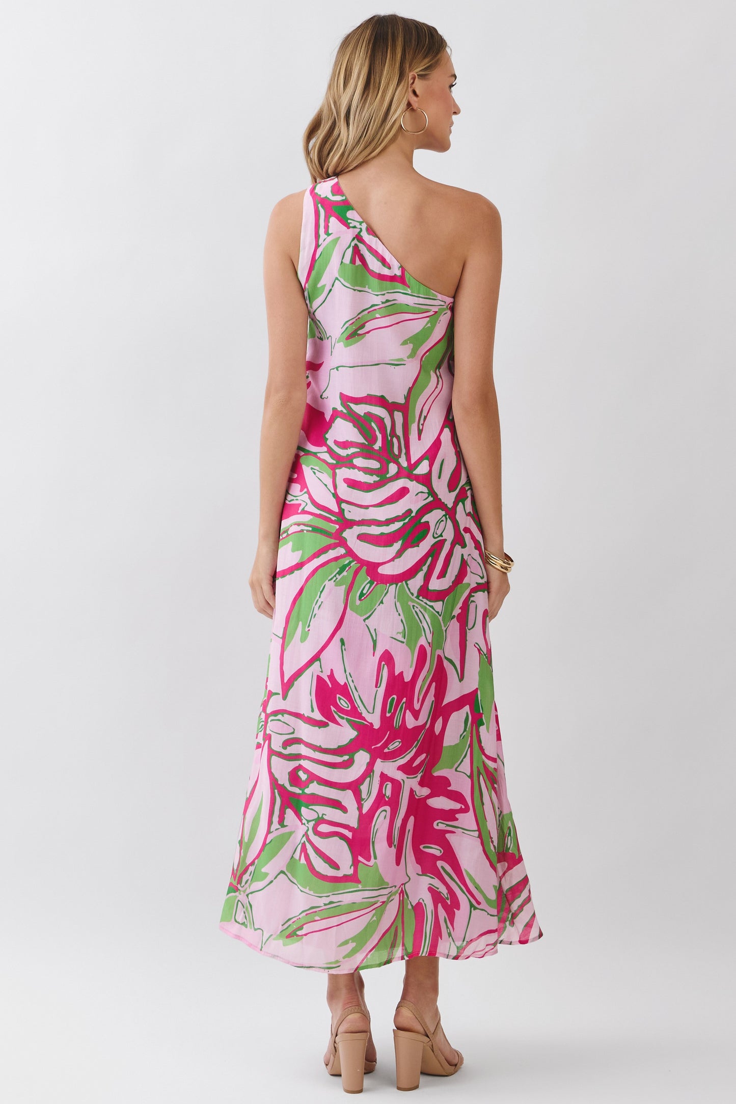 One Shoulder Tropical Print Maxi Dress
