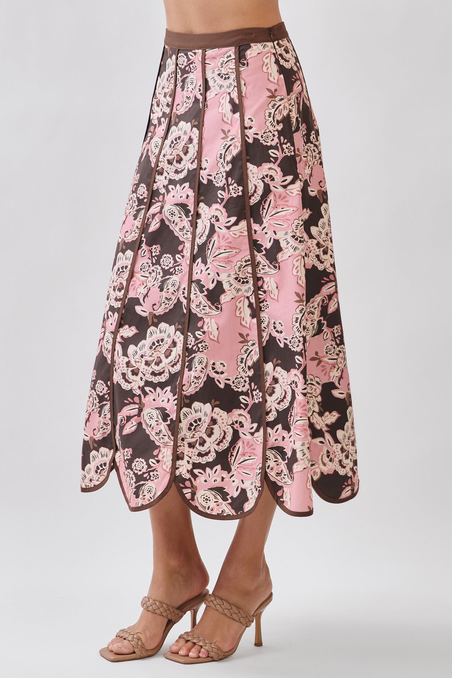 Floral Print Saclloped Hem Paneled Midi Skirt