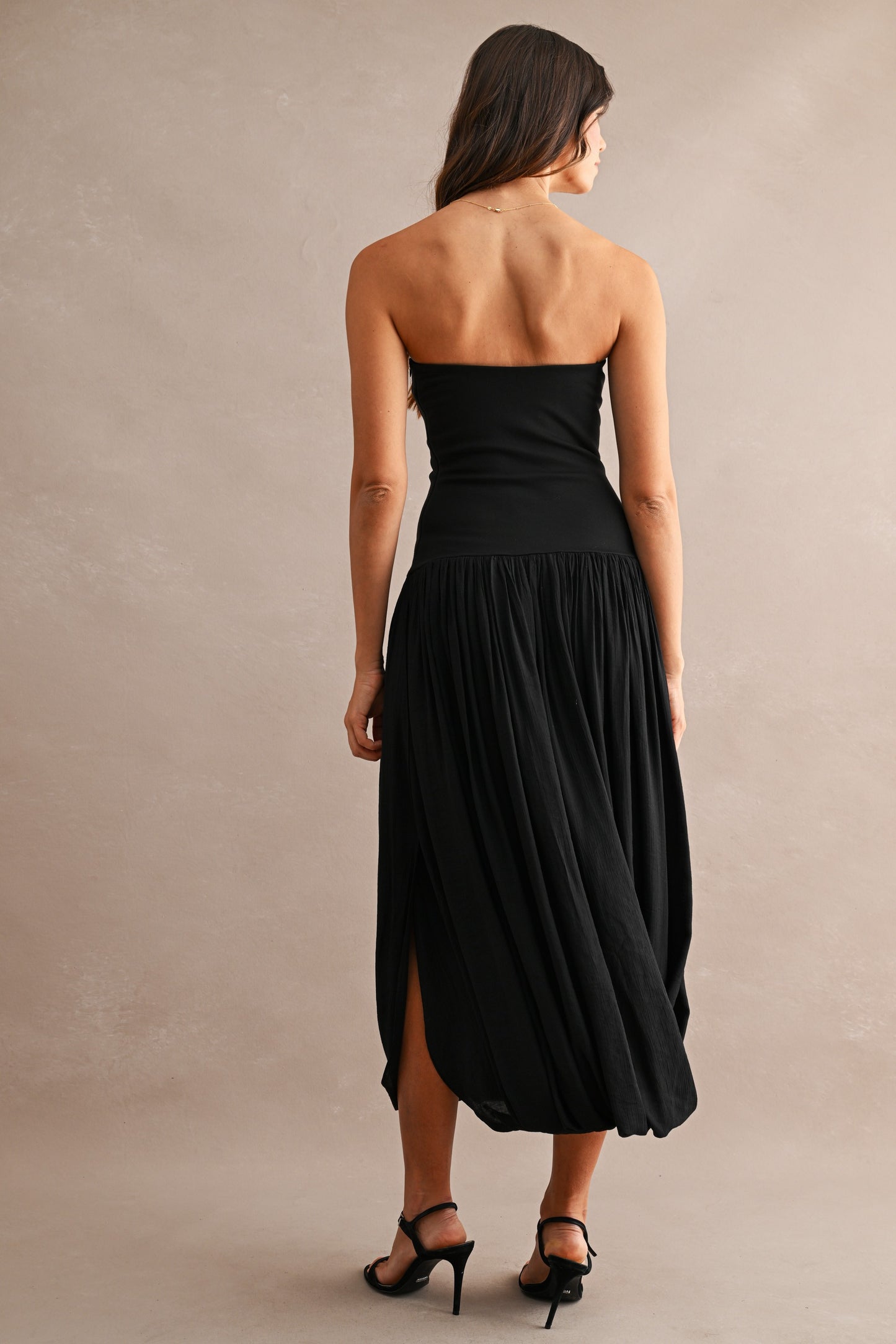 Solid Strapless Contrast Bubble Hem Pleated Midi Dress