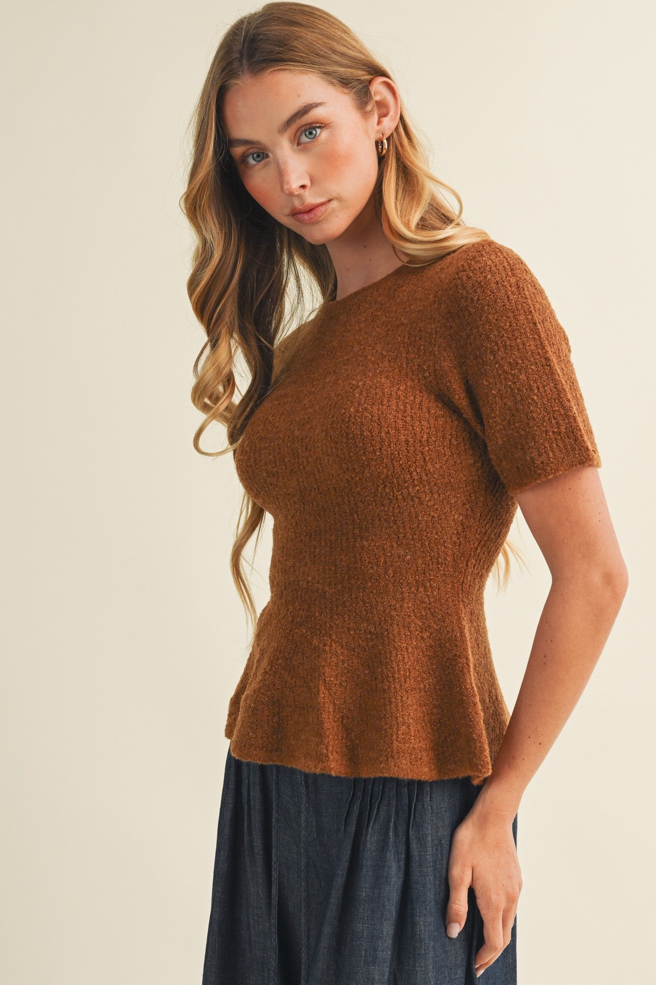 Textural Bouclé Knit Peplum Pullover