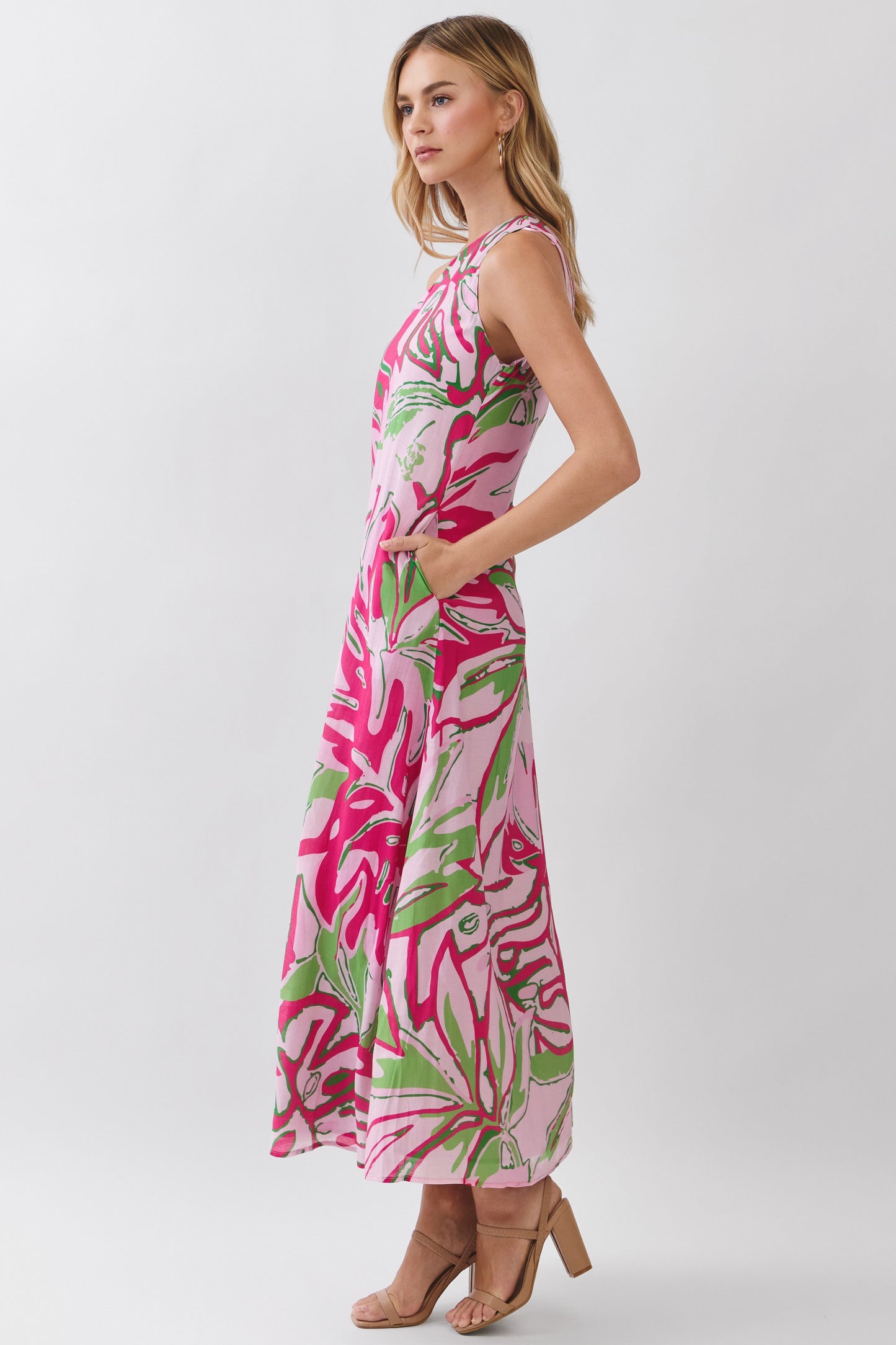 One Shoulder Tropical Print Maxi Dress