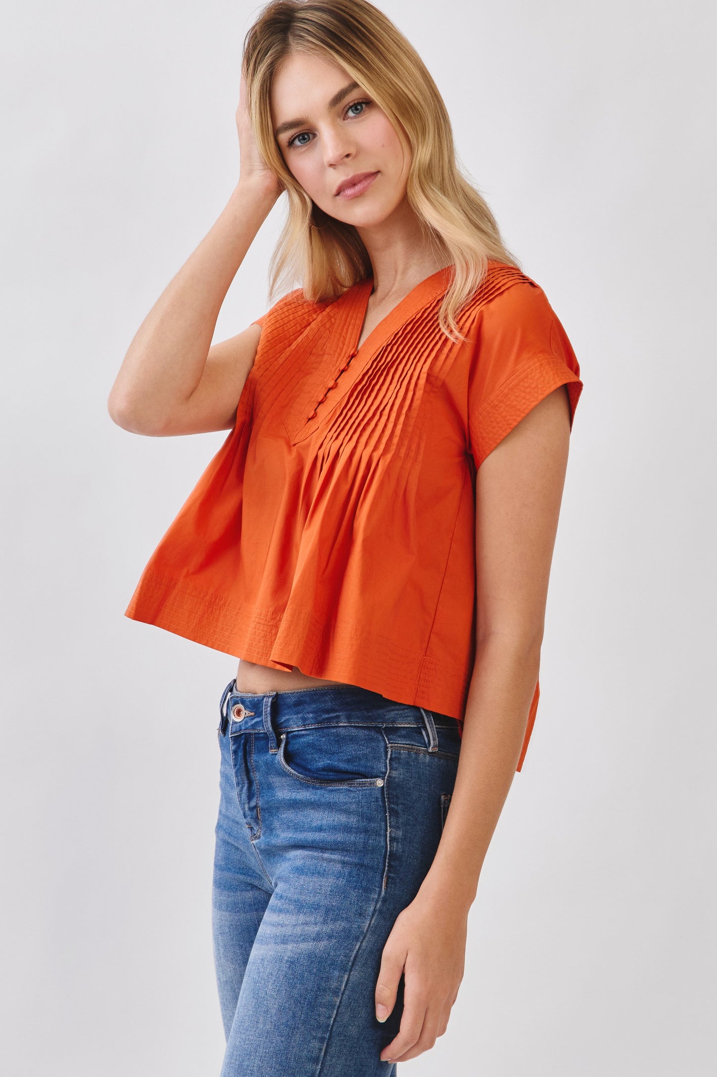 Pintuck Pleated Detail Poplin Top