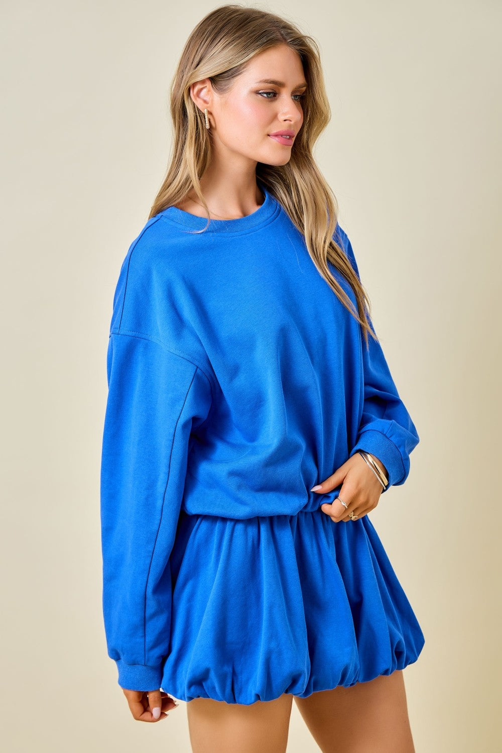 French Terry Crewneck Casual Sweatshirt W/ Bubble Hem Detail
