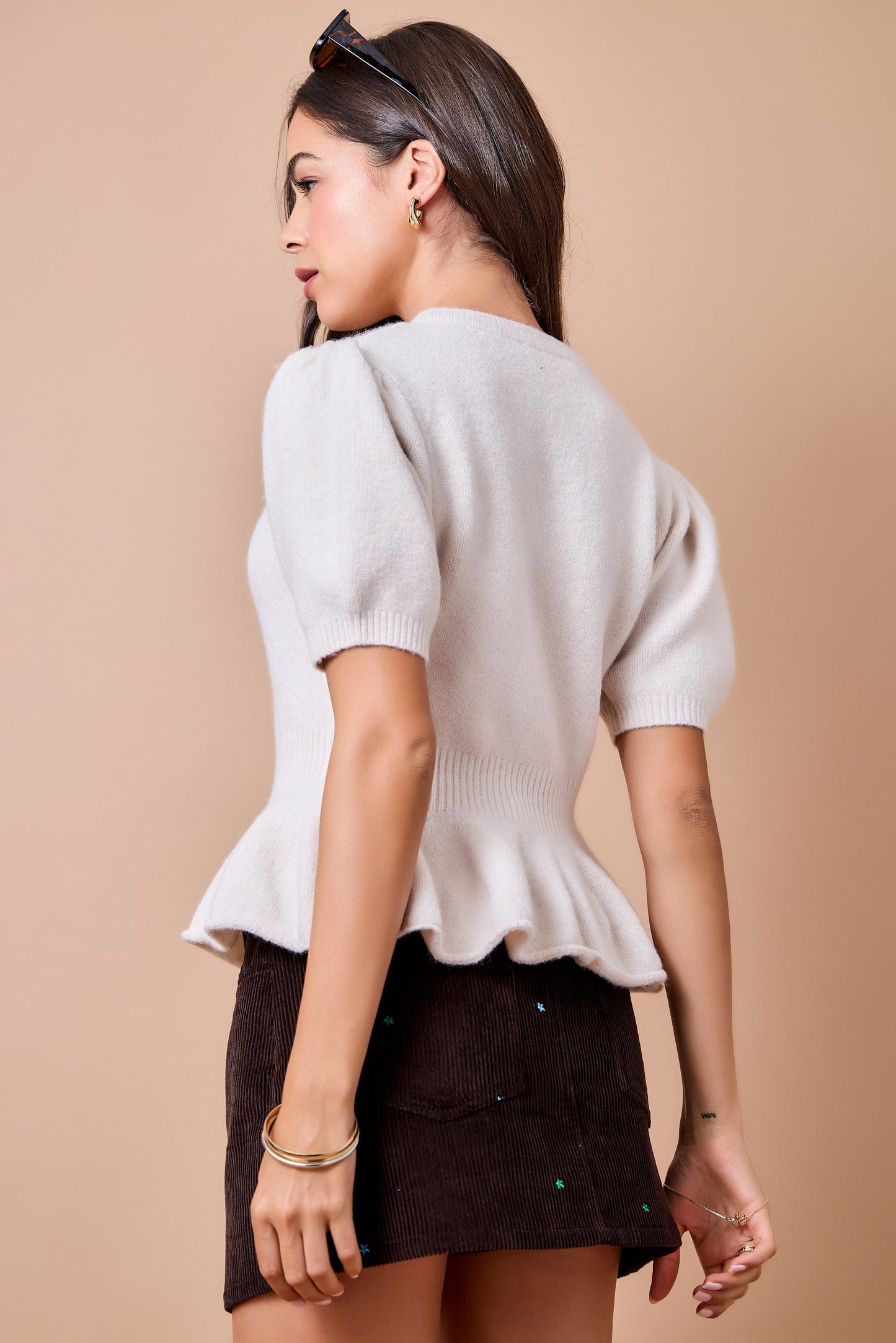 Short Puff Sleeve Sweater Knit Peplum Cardigan Top