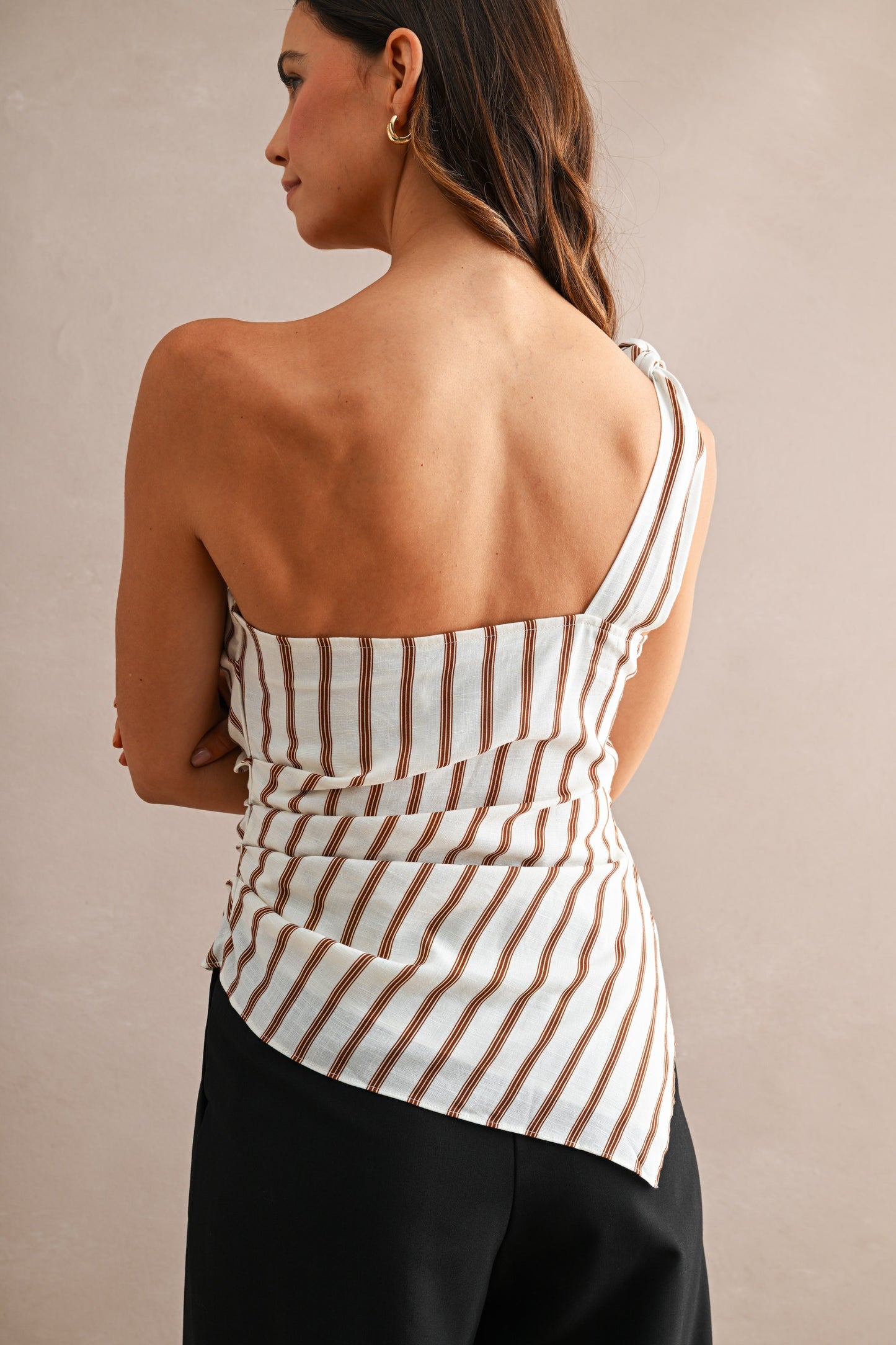 Striped One Shoulder Asymmetrical Neckline Ruched Bodice Top