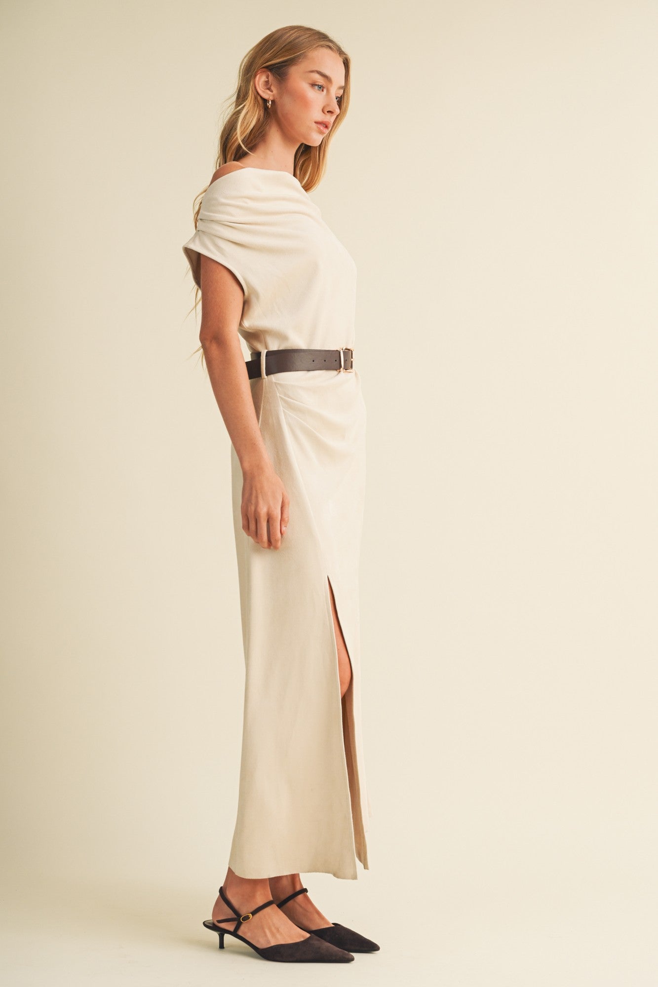 Sueded Knit Asymmetric Cowl Dress