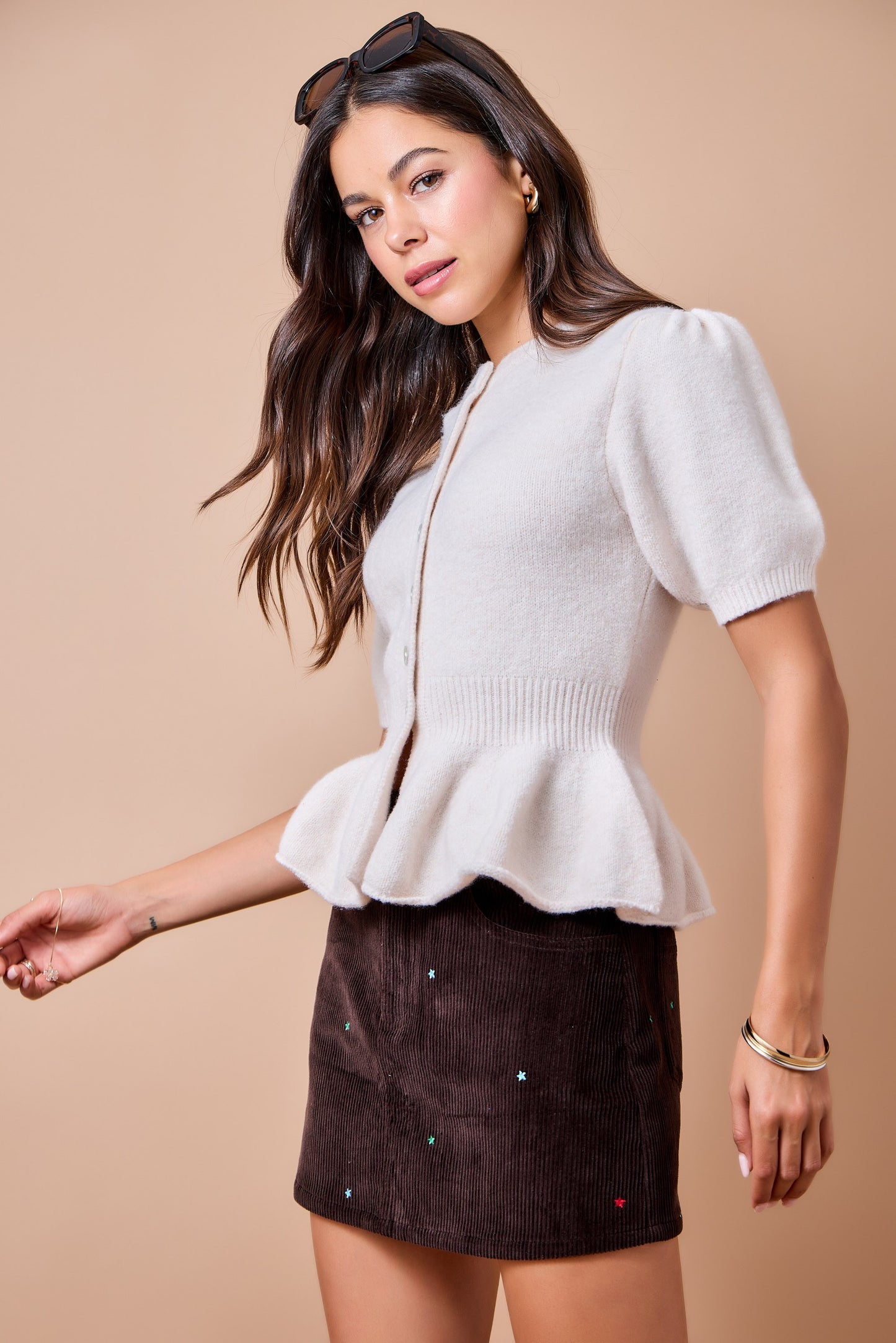 Short Puff Sleeve Sweater Knit Peplum Cardigan Top