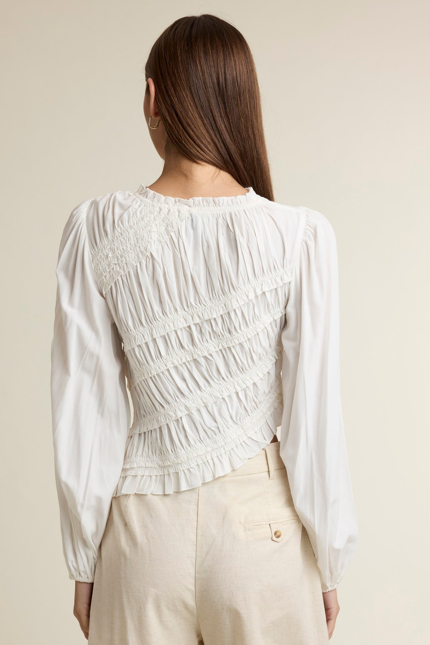 Ruched Long Sleeve Round Ruffle Neck Asymmetrical Hem Top