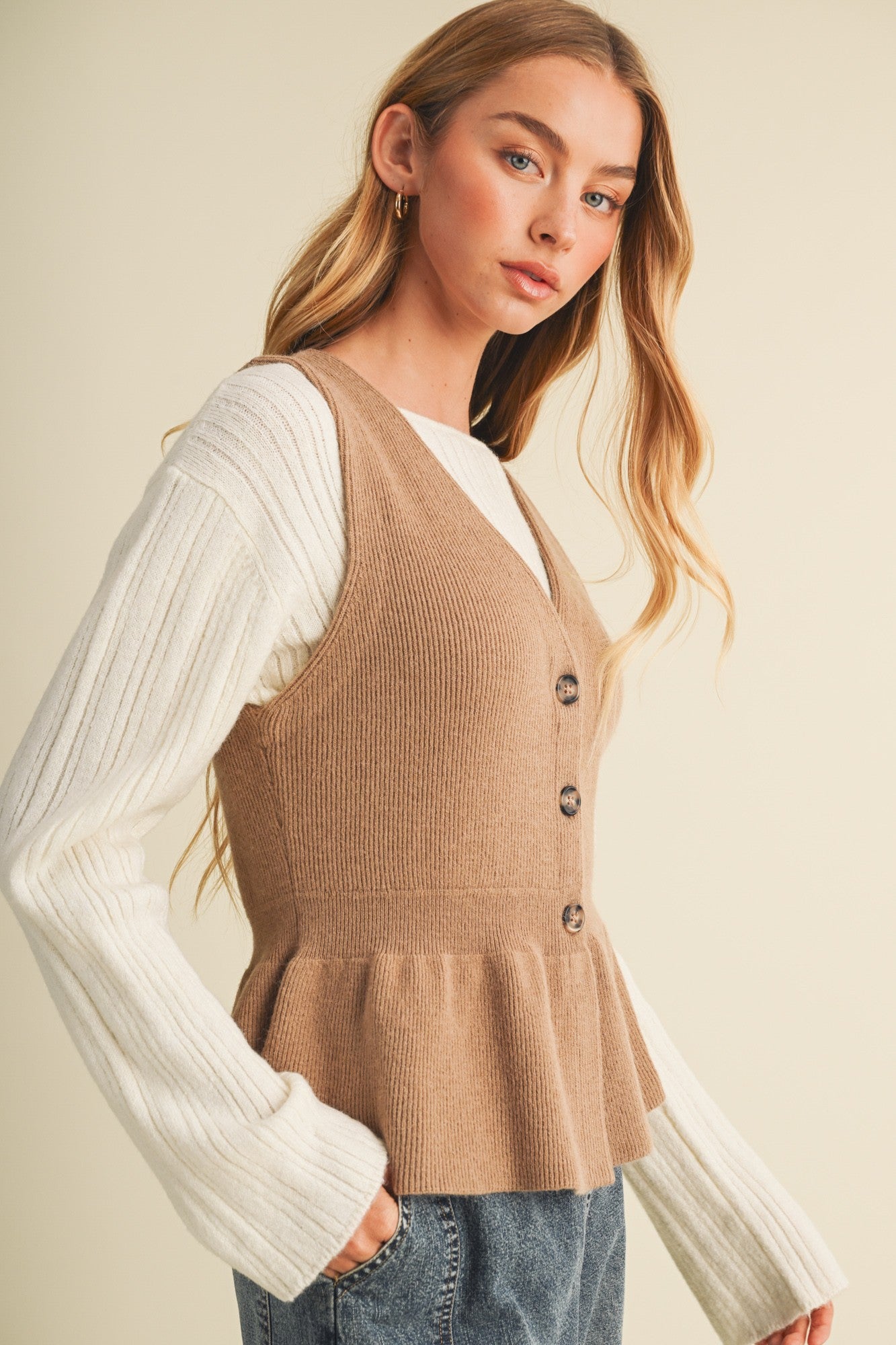 Rib Knit Peplum Button-front Vest