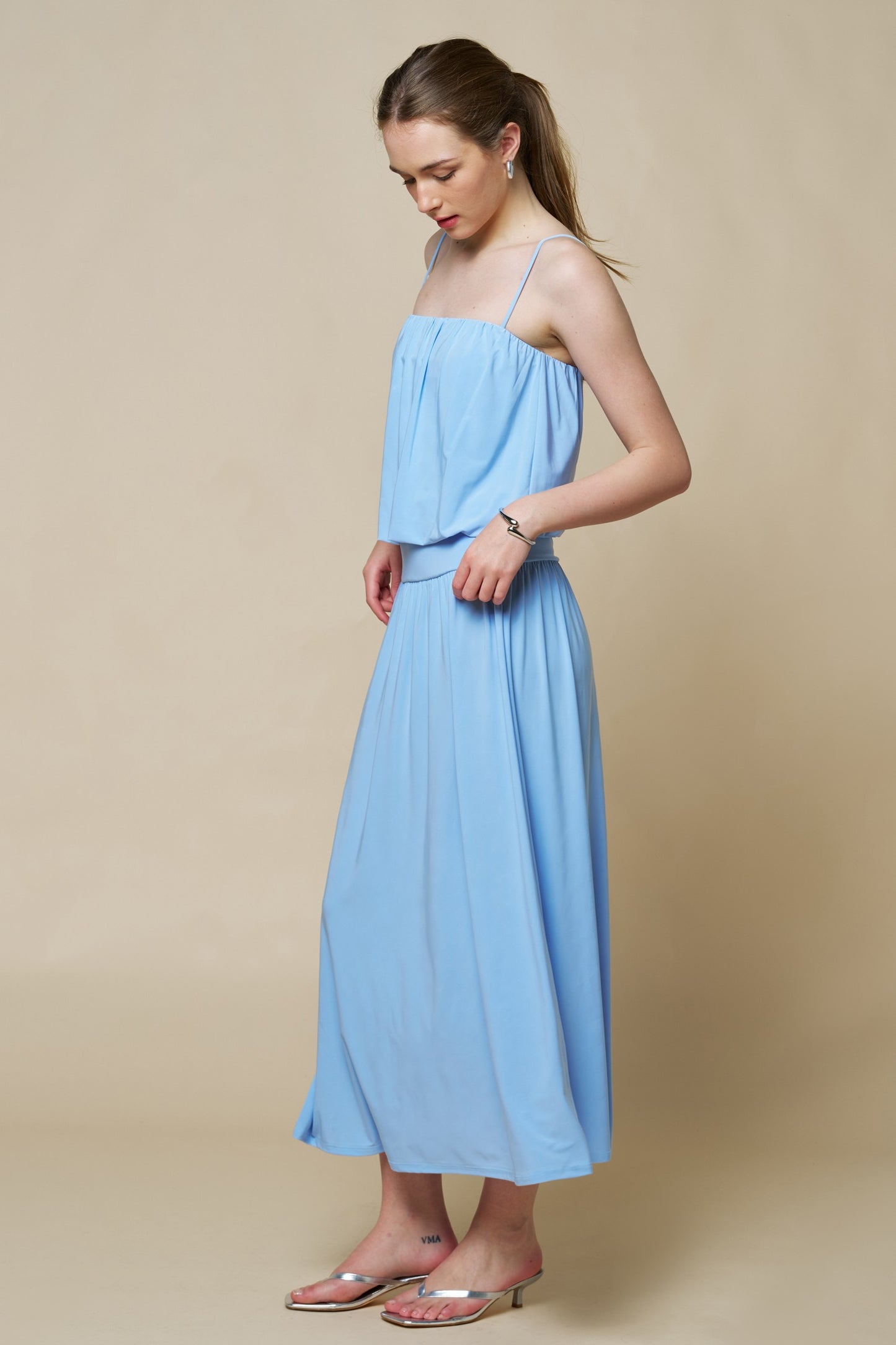 Bubble Hem Adjustable Straps Flowy Maxi Dress