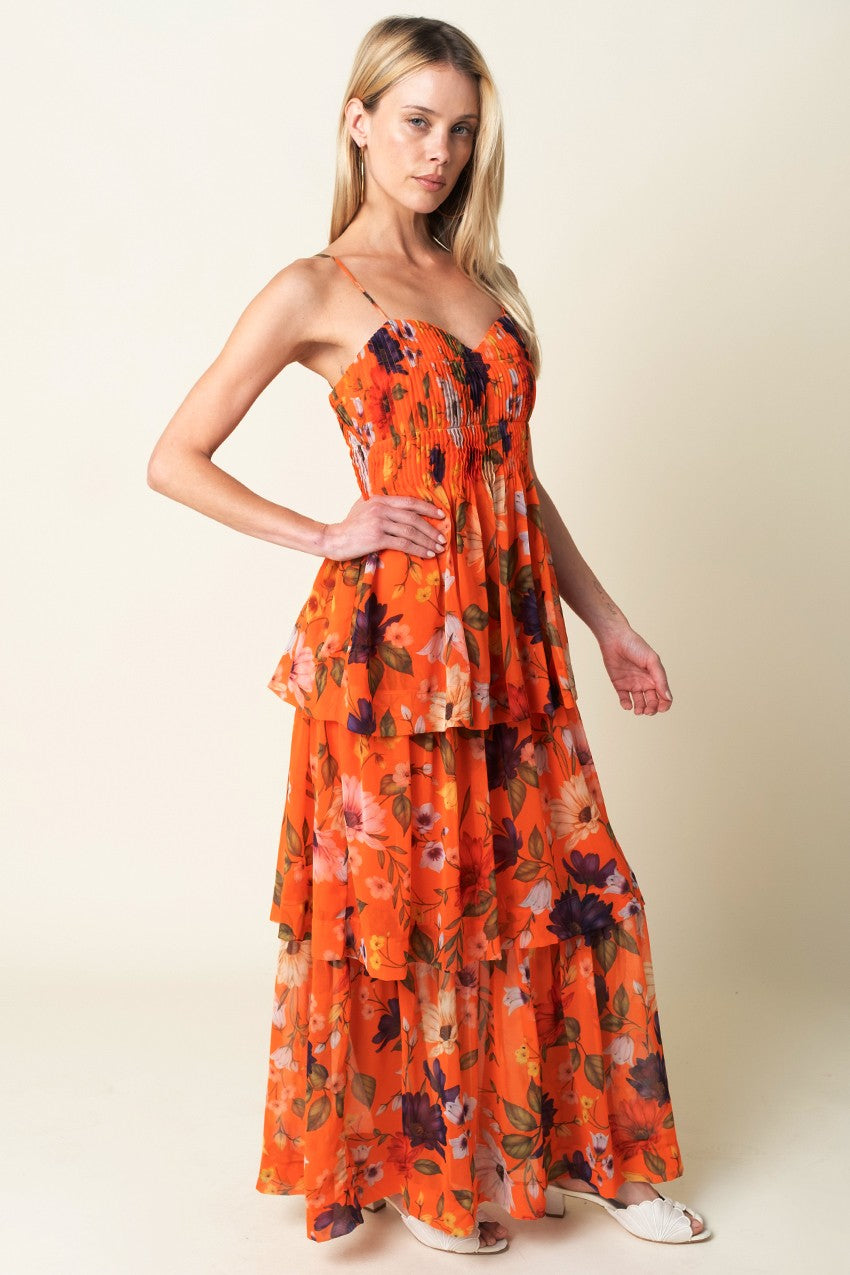 Jaynie Tiered Orange Floral Maxi Dress