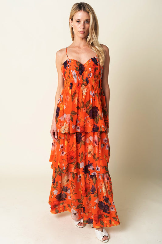 Jaynie Tiered Orange Floral Maxi Dress
