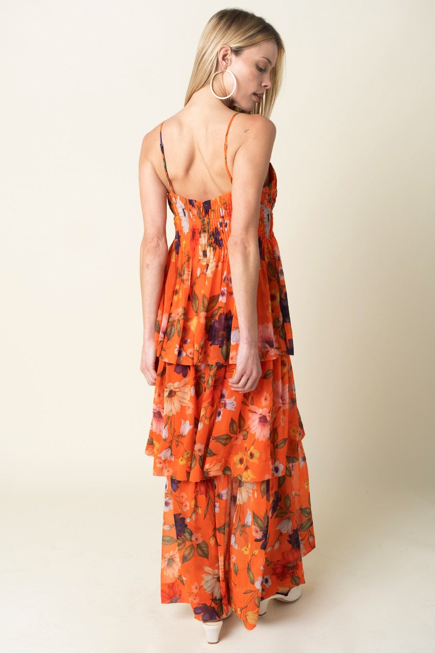 Jaynie Tiered Orange Floral Maxi Dress