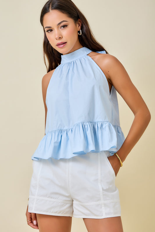 Halter Neck Gathered Peplum Top with Back Tie Detail
