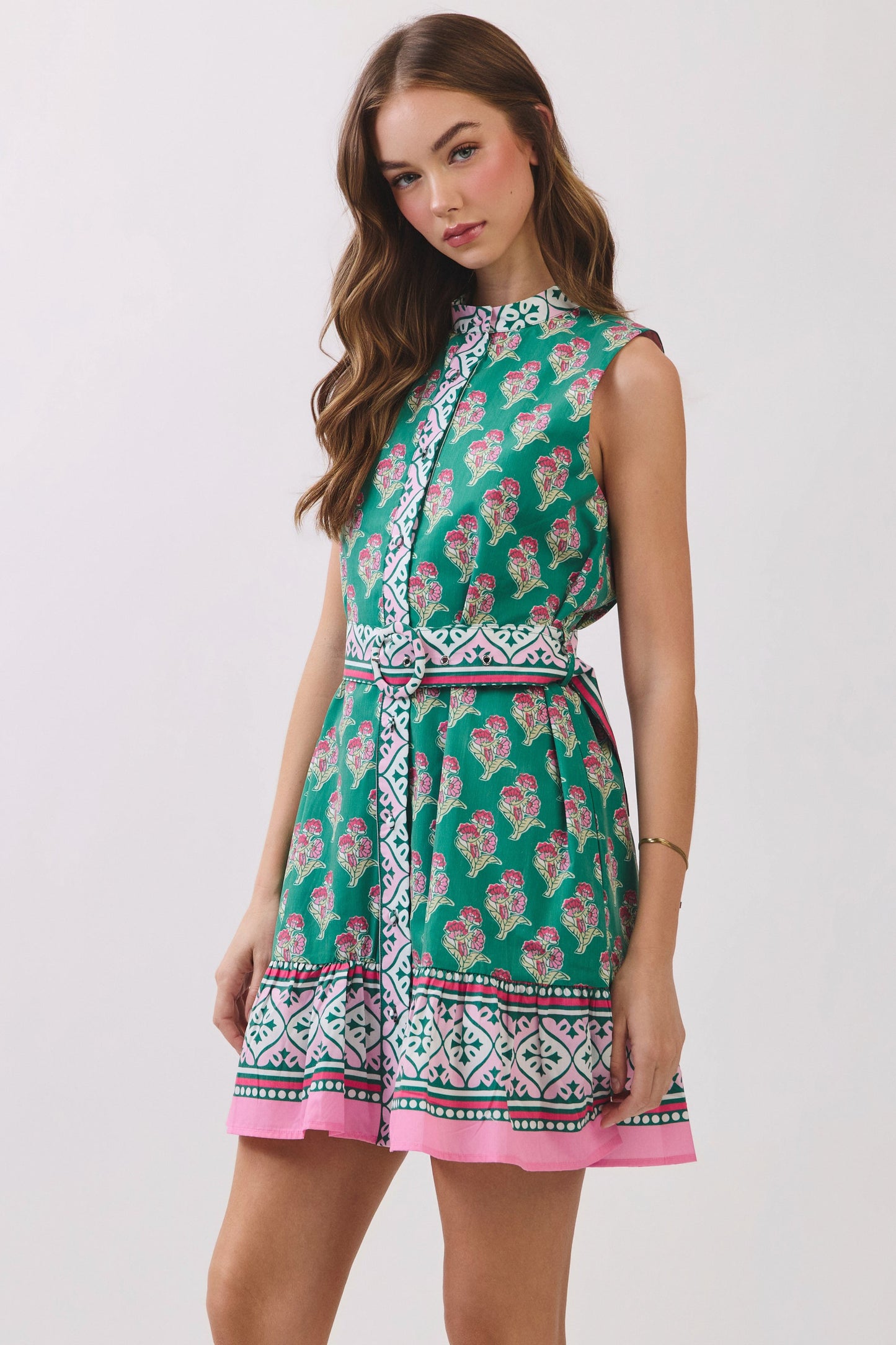Floral Border Print Belted Mini Dress