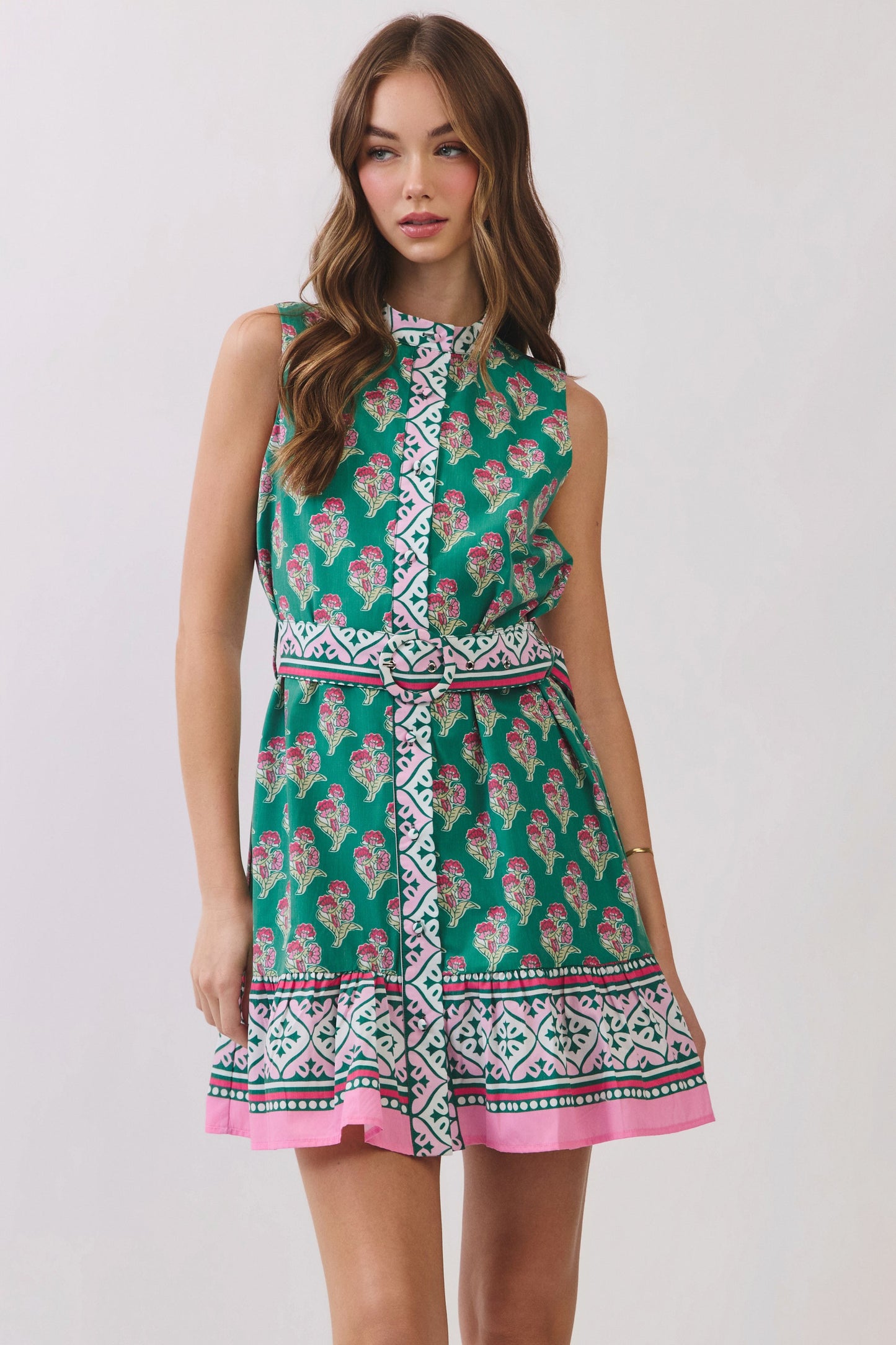 Floral Border Print Belted Mini Dress