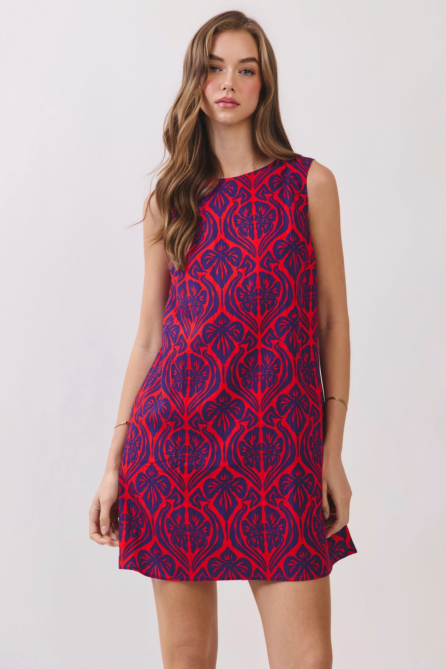Damask Print Back Zipper Shift Mini Dress