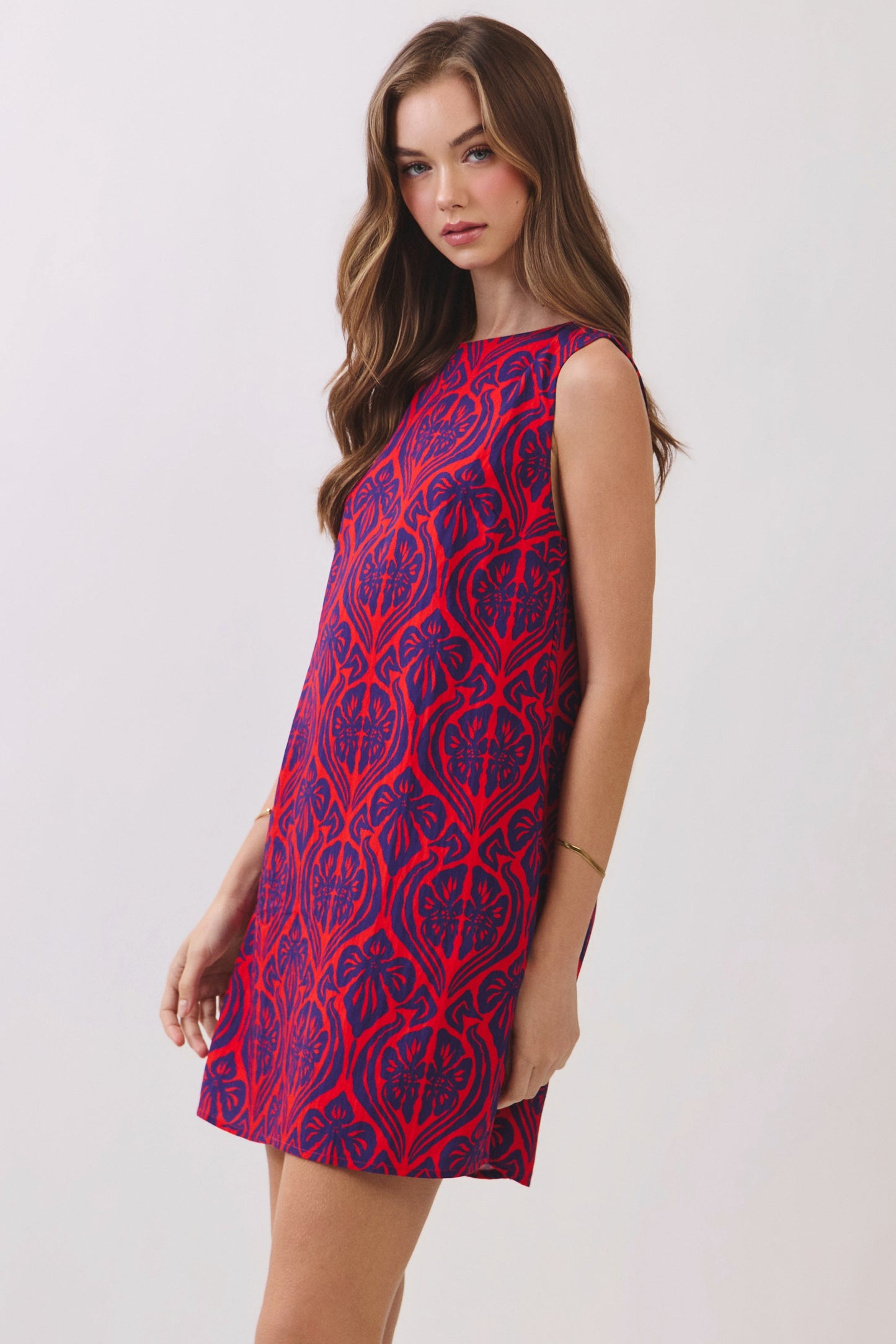 Damask Print Back Zipper Shift Mini Dress