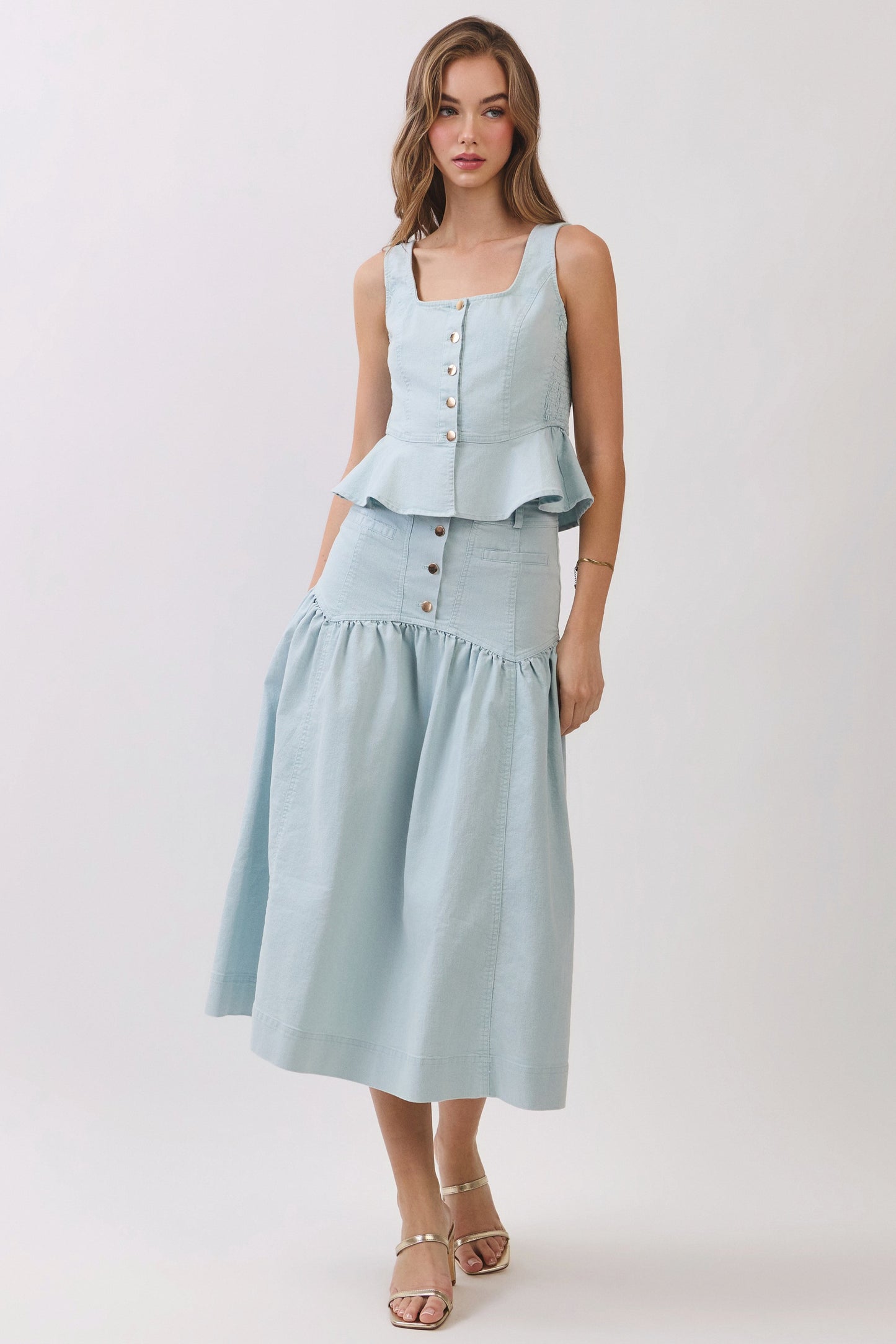 Button Front Dropped Waist Seam Midi Skirt