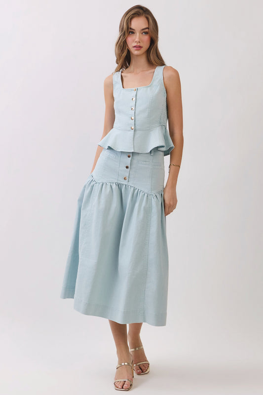 Button Front Dropped Waist Seam Midi Skirt