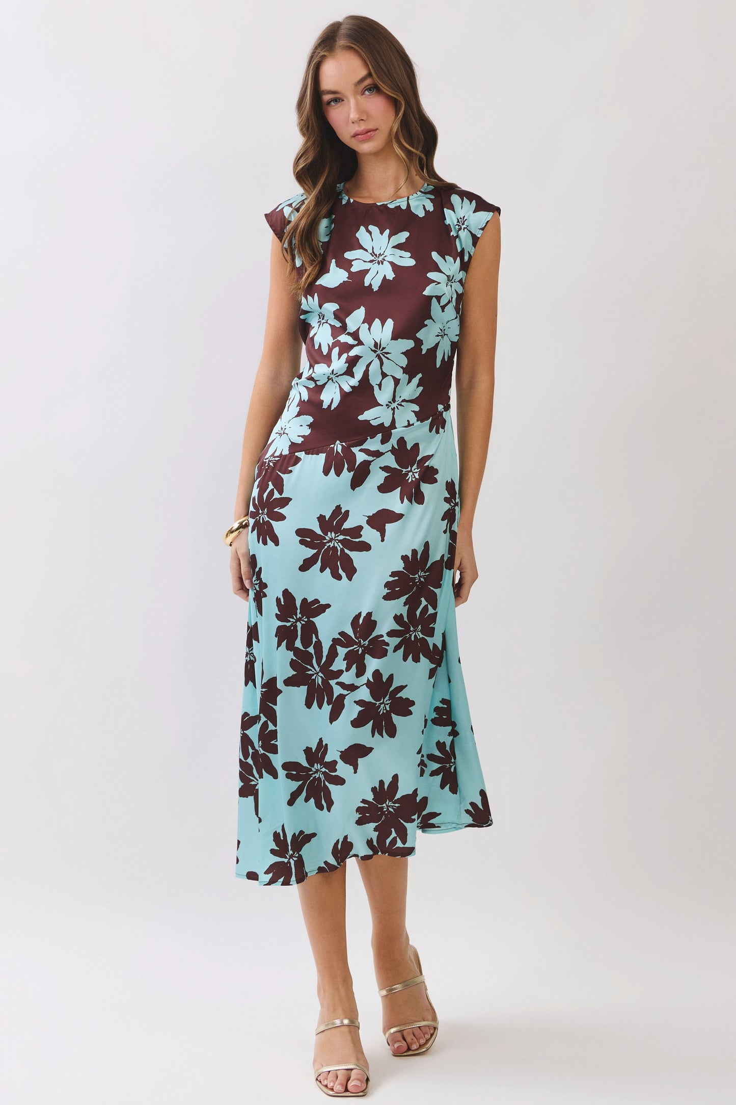 Floral Print Asymmetrical Color Block Midi Dress