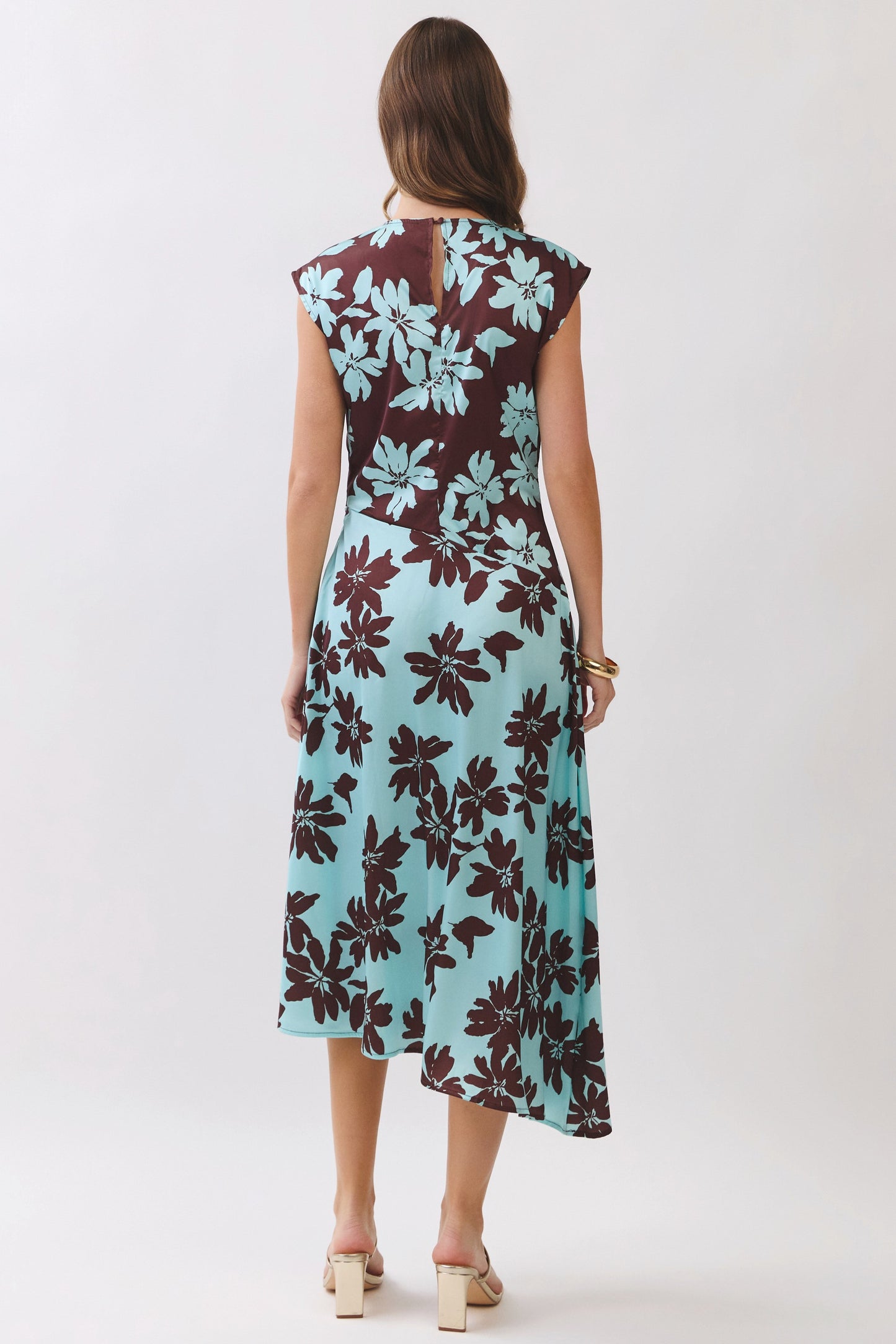 Floral Print Asymmetrical Color Block Midi Dress