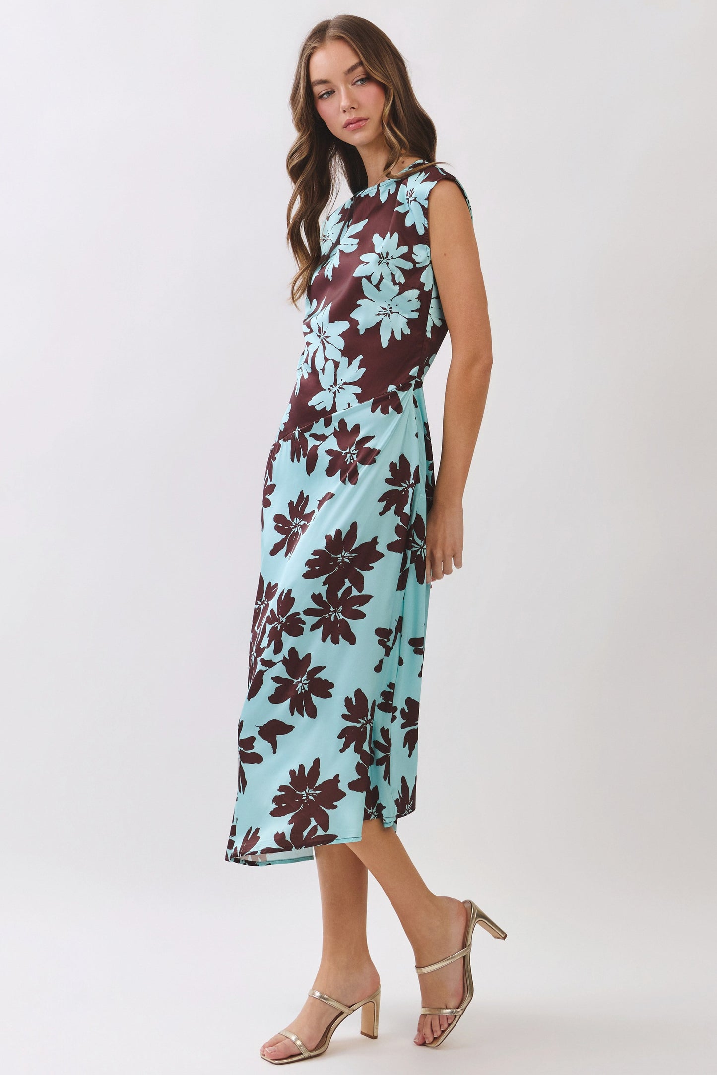 Floral Print Asymmetrical Color Block Midi Dress