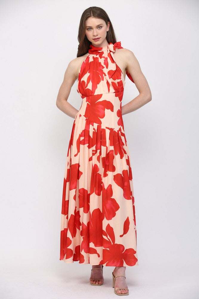 Bold Floral Print Halter Neckline Maxi Dress