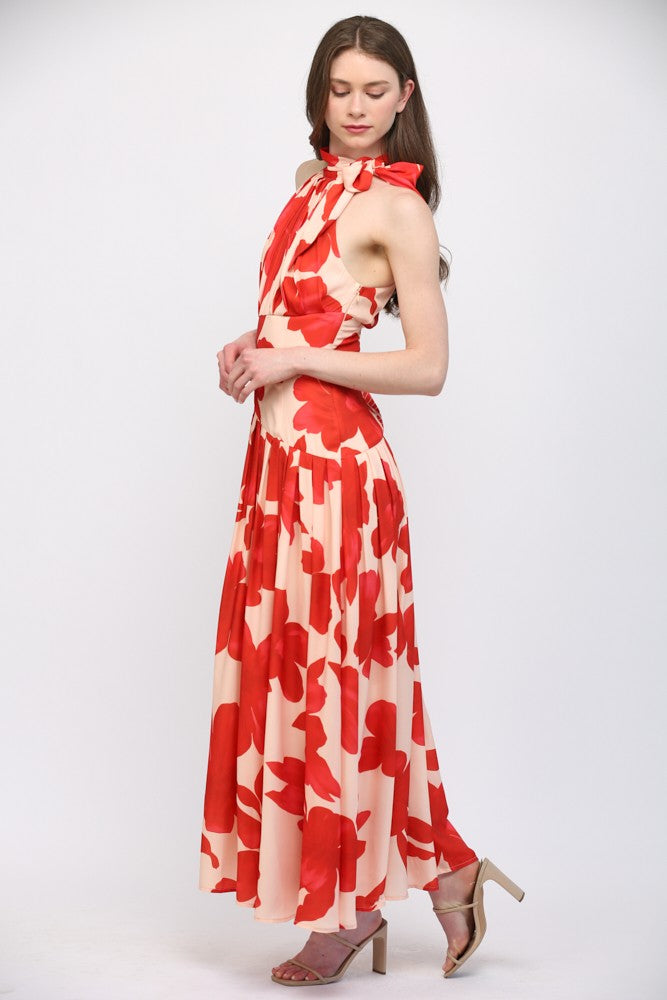 Bold Floral Print Halter Neckline Maxi Dress