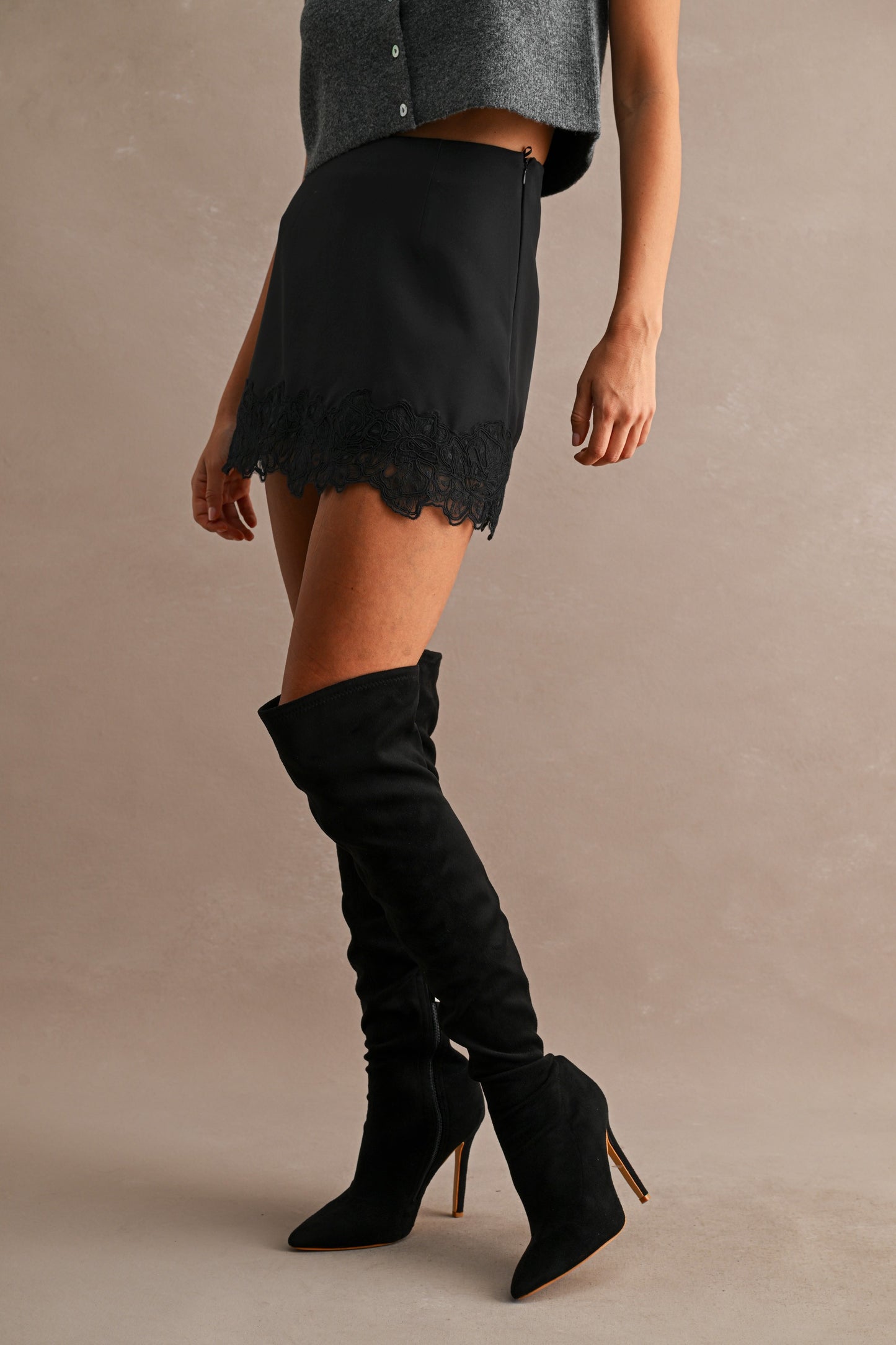 Solid Mini Skort With Floral Lace Trim Hem Detail