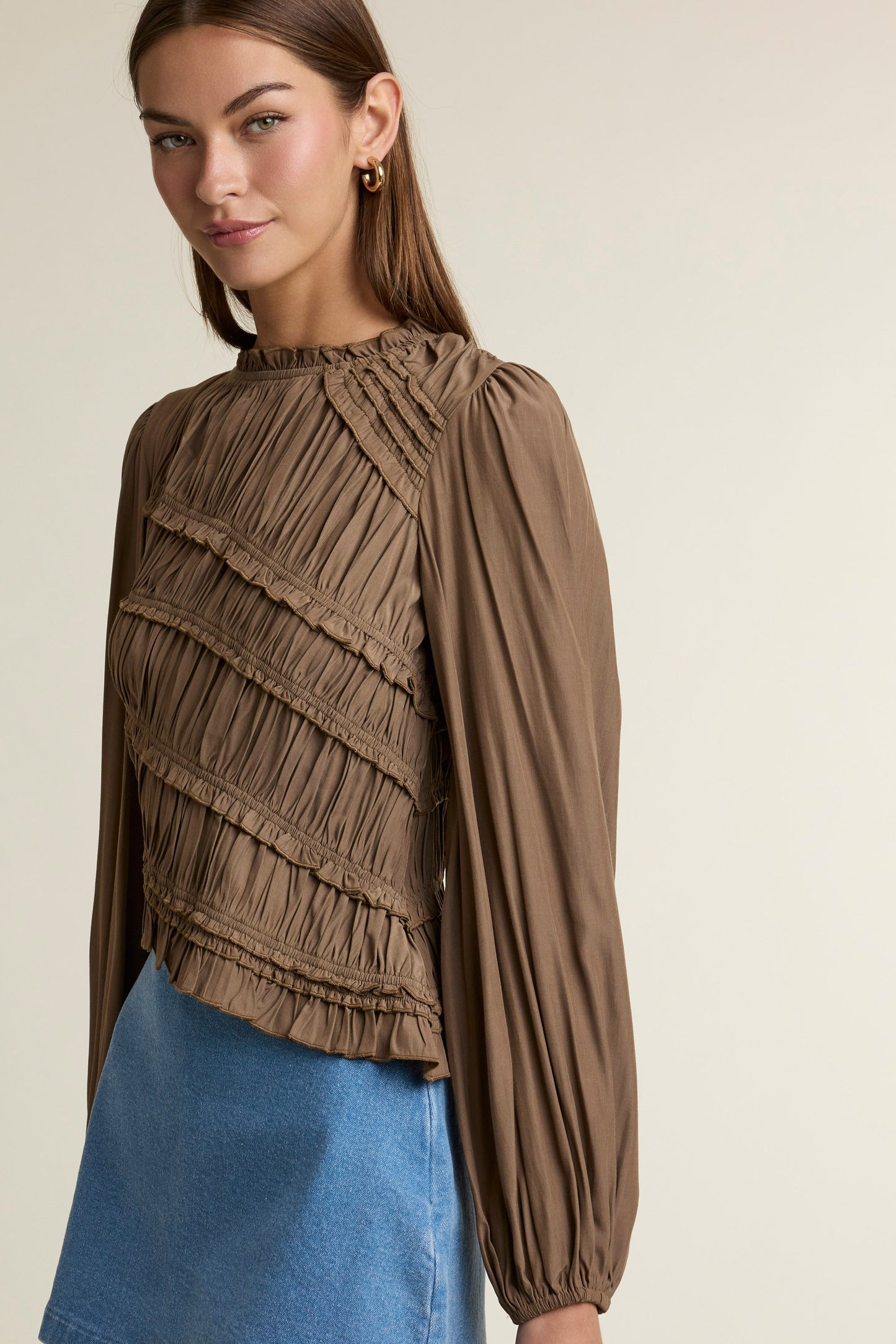 Ruched Long Sleeve Round Ruffle Neck Asymmetrical Hem Top